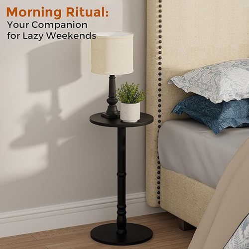 Miniatura 5 de Mesa auxiliar redonda, pilar de madera maciza con parte superior y base de madera, mesa decorativa pequeña para sala de estar, dormitorio, sofá y