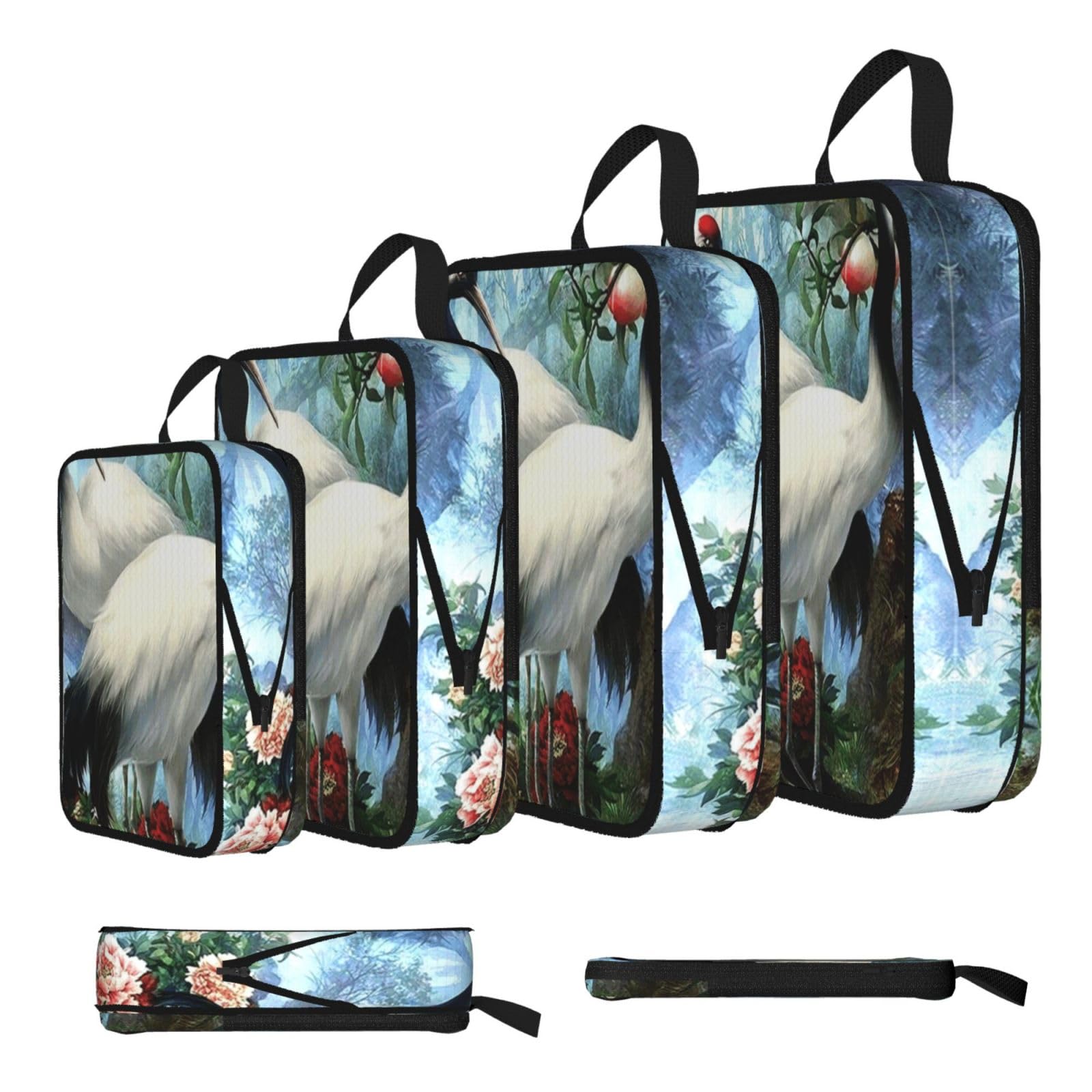 Esnaiuvcd Black Chinese Crane Birds Peach Tree Print 4 Set Compression Packing Cubes For Suitcases,Expandable Storage Bags Organizers