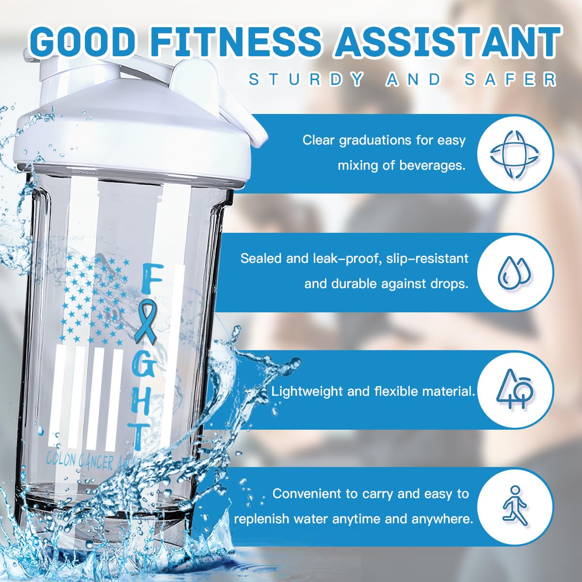 Breast Cancer Warrior Support Squad Colon Cancer Awareness 18 Ounce Shaker Cup,Fashion Theme Pattern Shaker Bottle Leak-proof Workout Shake Bottles 500ML/18 oz Perfect for Pre Workout