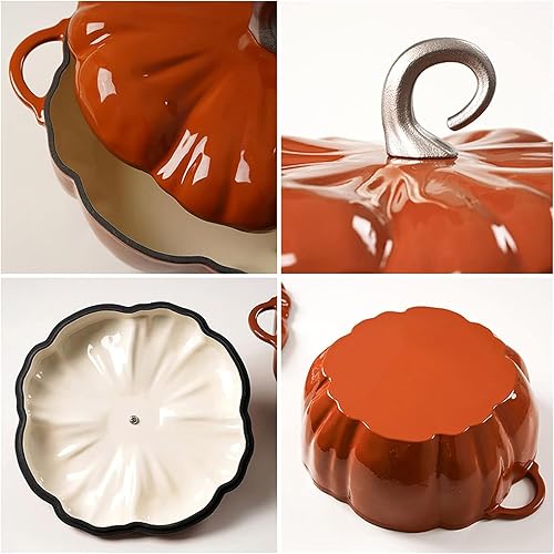 Miniatura 6 de Cocotte de calabaza de 4 cuartos de galón, horno holandés de hierro fundido de calabaza, olla de cocina con forma de calabaza de 3.7 l, olla de