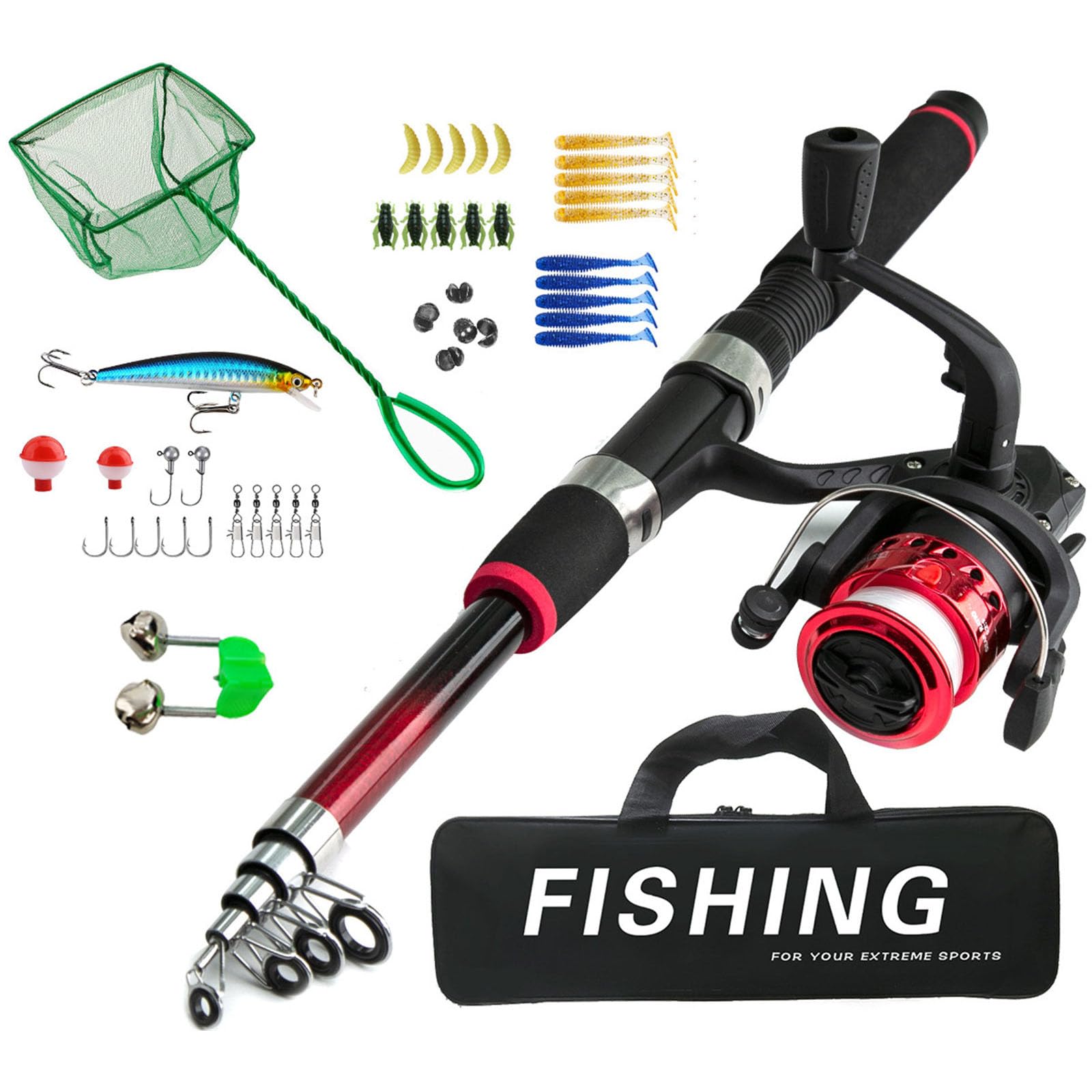 NUEAYMS Equipo de pesca, aparejos, accesorios, set para principiantes para niños y adolescentes, incluyendo caña telescópica, cebo flotante, gancho de metal, equipo para niños con cebos de goma