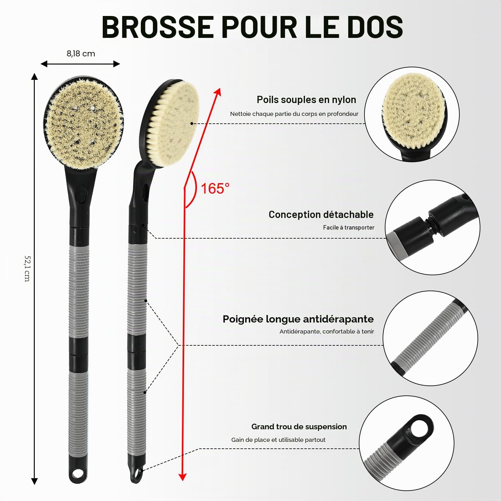 Brosse dos Douche, 55,1 cm Brosse dos Douche Long Manche, Brosse en Nylon Souple pour le Corps, Exfoliation Douce pour une Meilleure Santé de la Peau, pour Hommes et Femmes