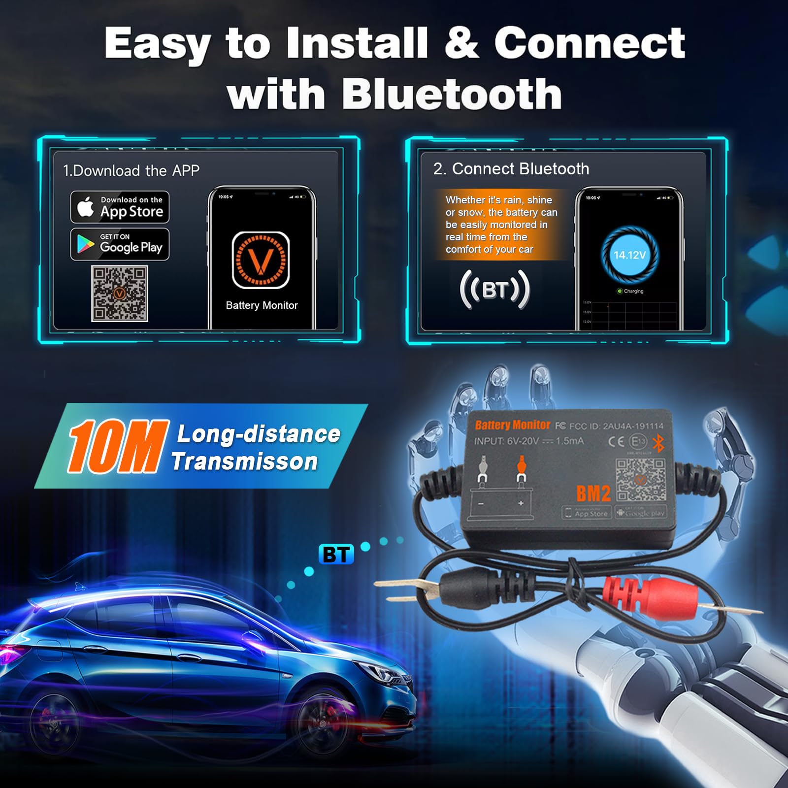 Monitor Batteria Bluetooth 4.0 Wireless Battery Tester, Car Charging Start e Alarm System Monitor Analizzatore Batteria Digitale Adatto a 12V Sistemi Solari Moto Barche Auto Compatibili Android iOS