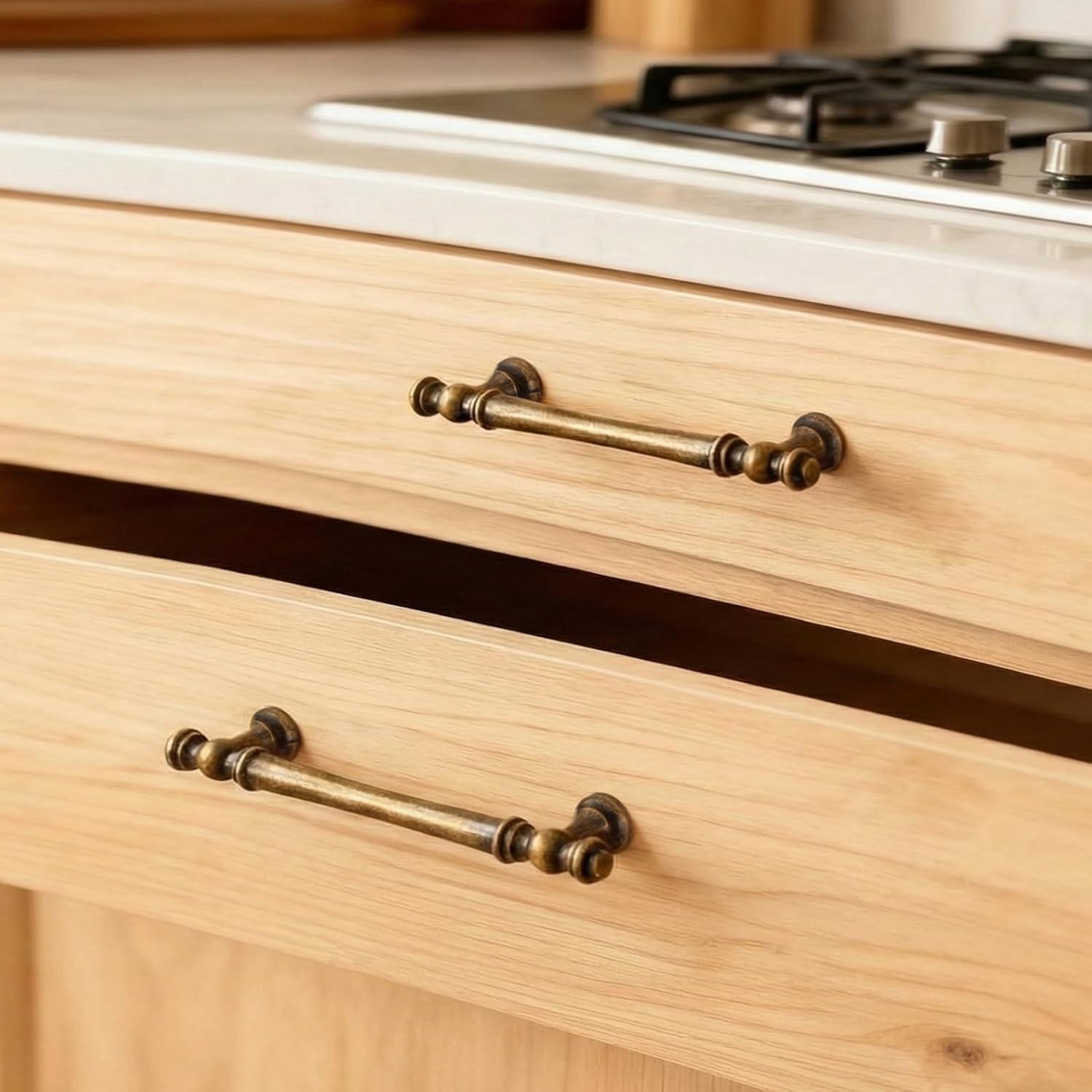 Liron Hardware 10 Pack Cabinet Handles Vintage 5 Inch (128mm) Hole Center Cupboard Retro Kitchen Drawers Pulls Antique Brass