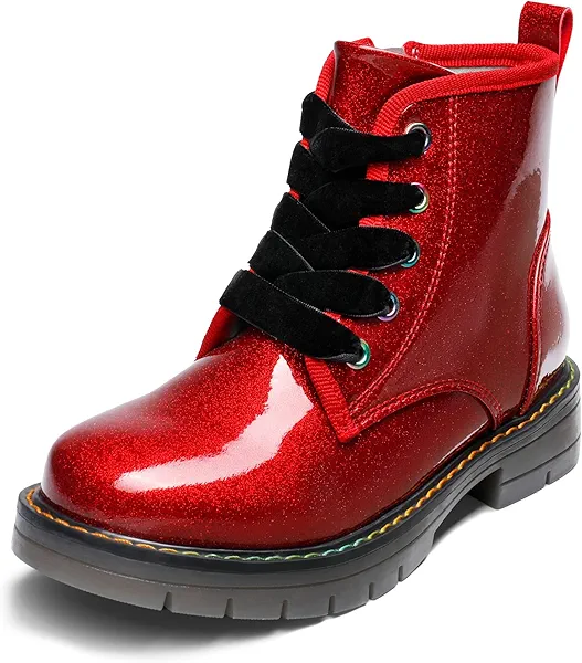 DREAM PAIRS Girls Boys Glitter Ankle Boots Side Zipper Combat Shoes with Lace Up for Toddler/Little Kid/Big Kid,Size 11 Little Kid,Red/Pu,SDBO2220K