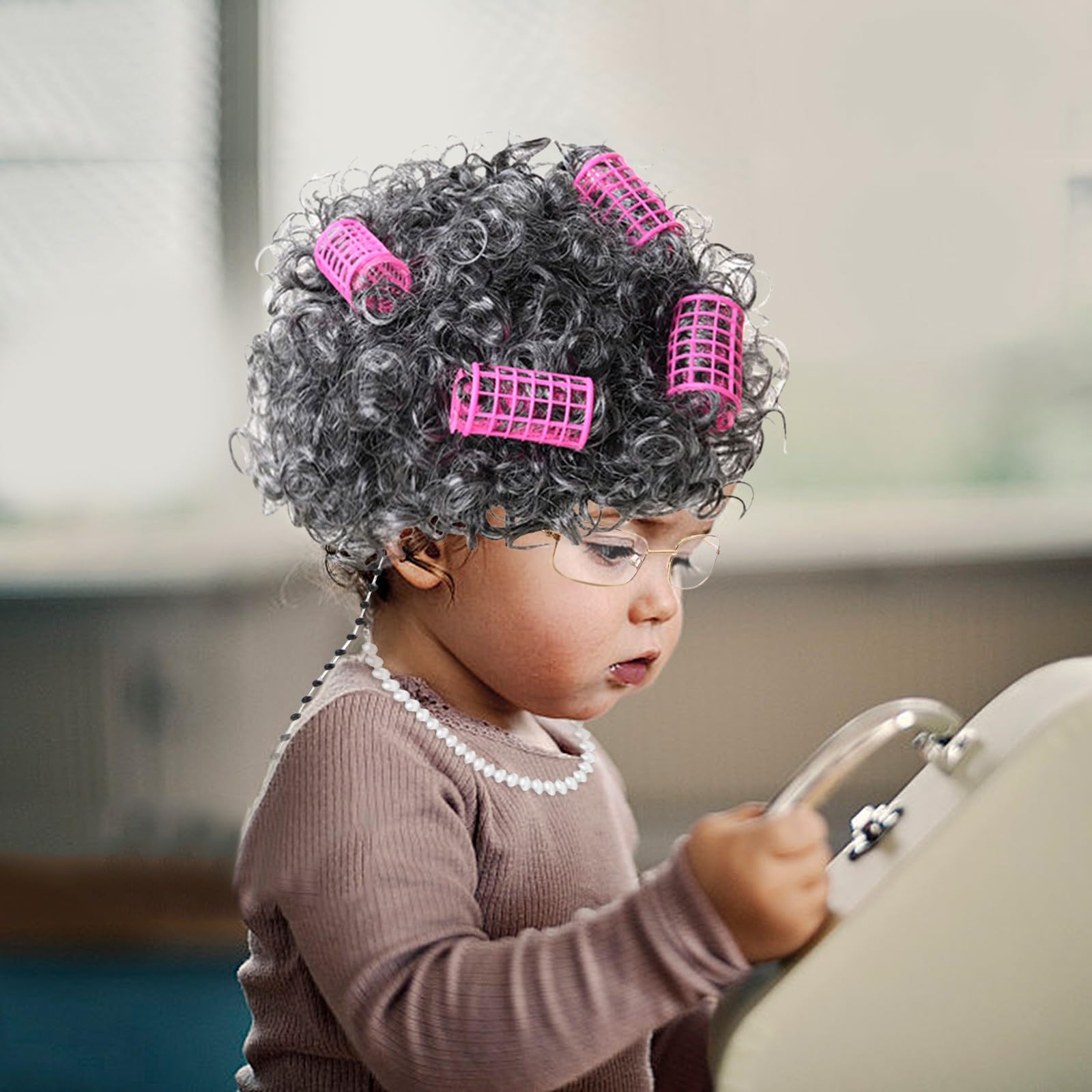Play Activity Toy Old Lady Costume For Kids Of School Costume Granny Old Lady Wig Dress Up Accessory Curler (D, One Size)