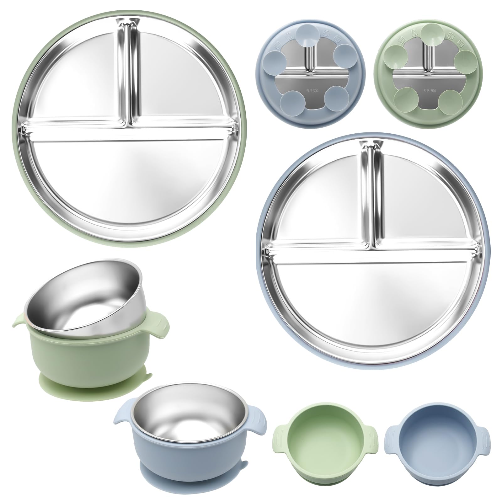 Nokwocy 2 Stück Edelstahl Babyteller mit Saugnapf + 2 Stück Edelstahl Breischale Baby Schüssel mit Saugnapf, Abnehmbare Silikonhülle Kinder Geschirr Set, BPA-Frei, Spülmaschinenfest (Blau Grün)
