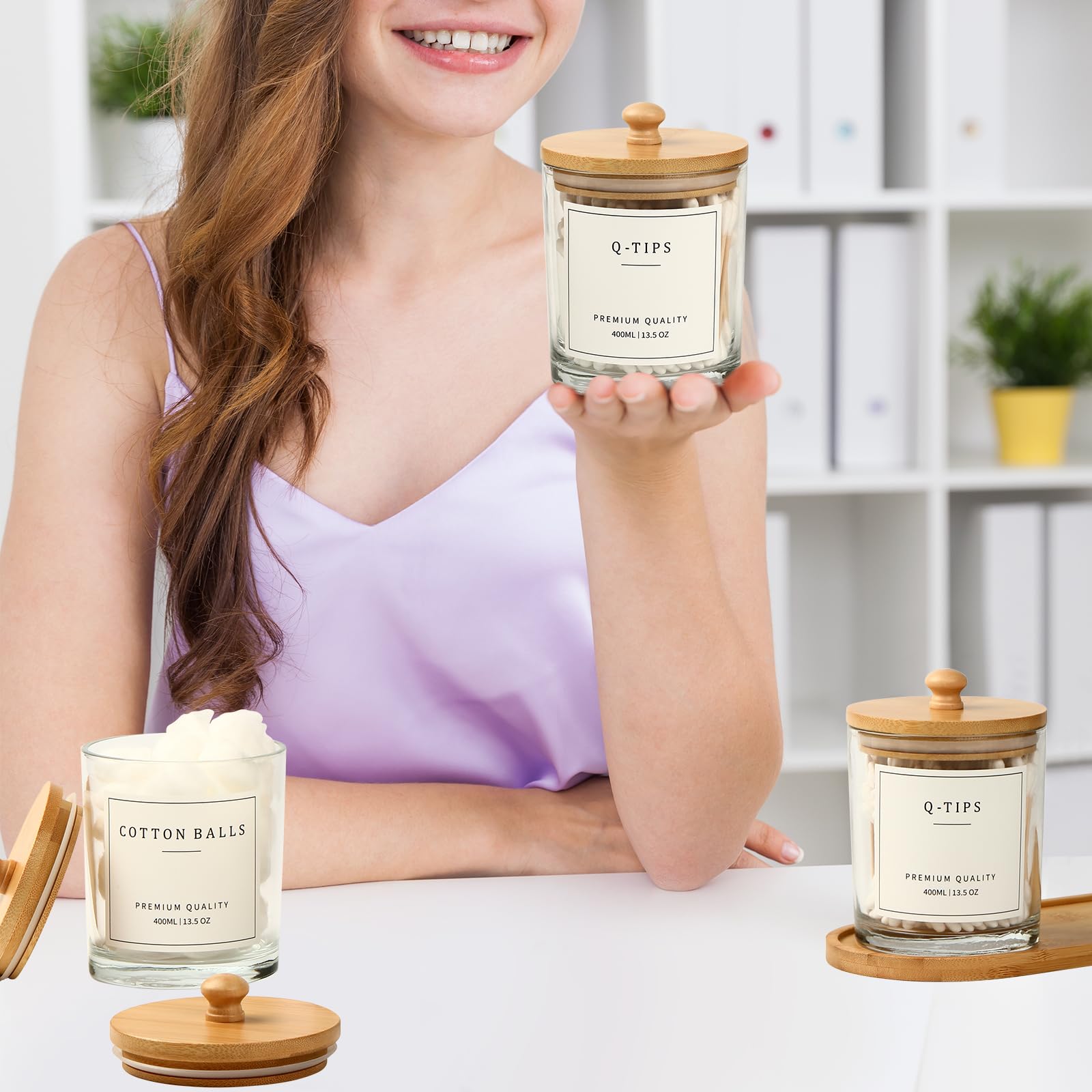 Paquete de 3 soportes Qtip, organizadores de baño y almacenamiento, soporte redondo de algodón, dispensador de hisopo de algodón, soporte para púas de hilo dental con bandeja, tarros de boticario de