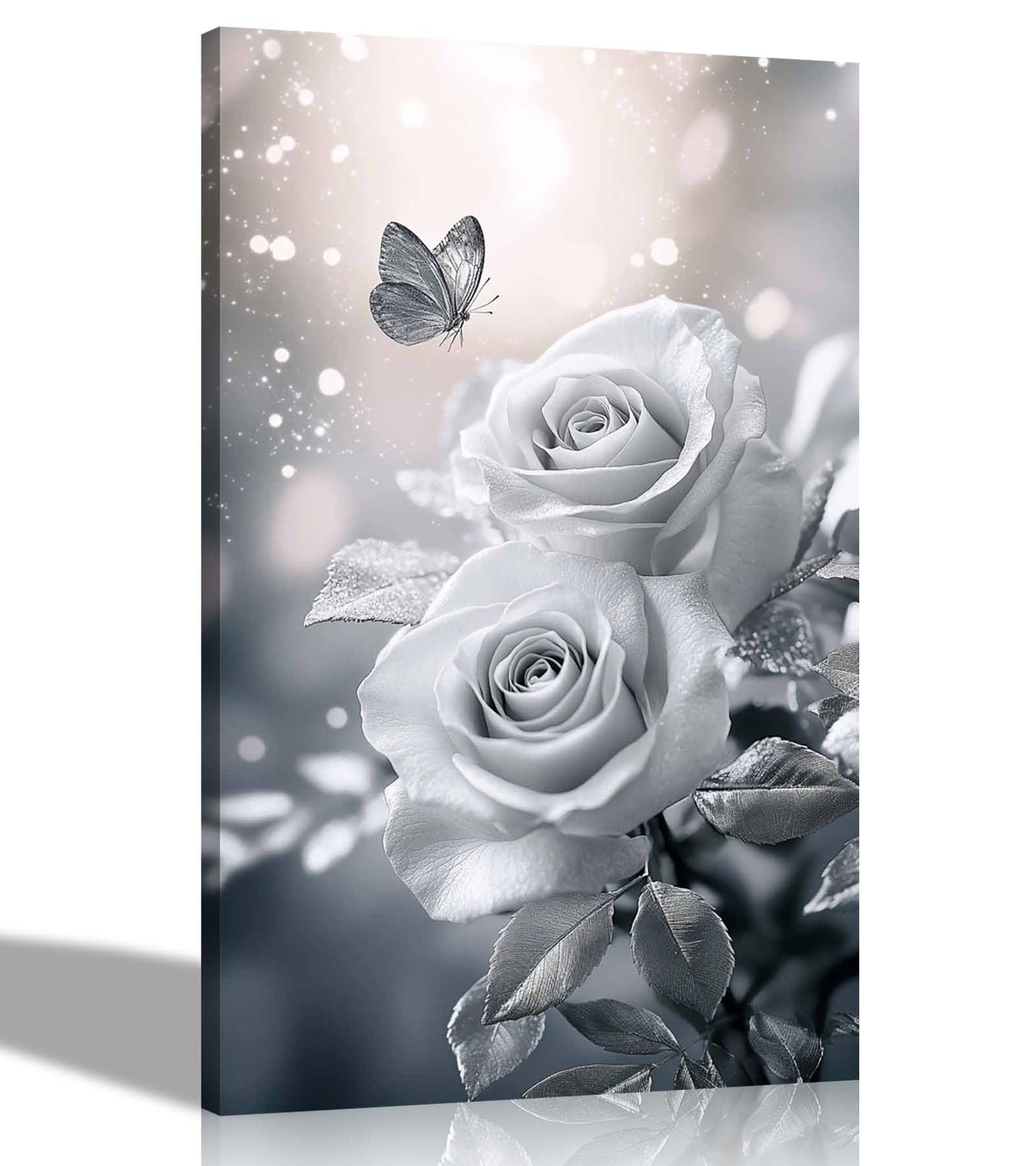 Artley Prints - White Roses Silver butterfly Canvas Wall Art For Living Room, Bedroom, Hallway Prints Home Office Hanging 76 x 50cm (30 x 20 inches)