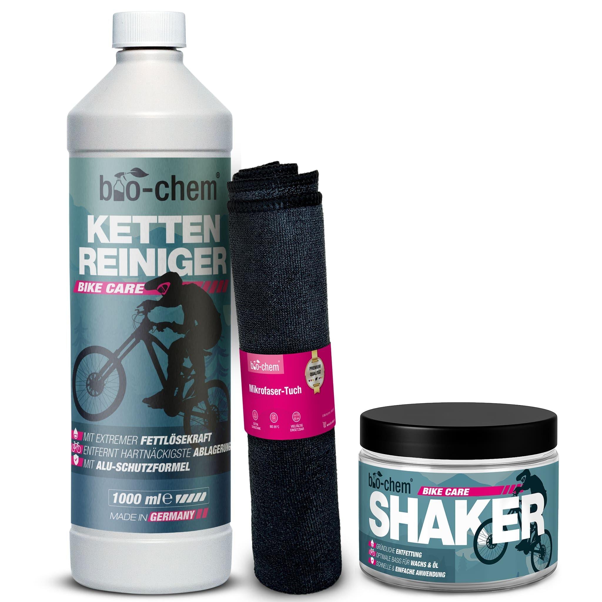 bio-chem PreWax Kettenreinigungs-Set – 1L Kettenreiniger + Shaker + Mikrofasertuch – Shaken statt Schrubben – gründliche Entfettung für Wachs-Vorbereitung – materialschonend & kennzeichnungsfrei