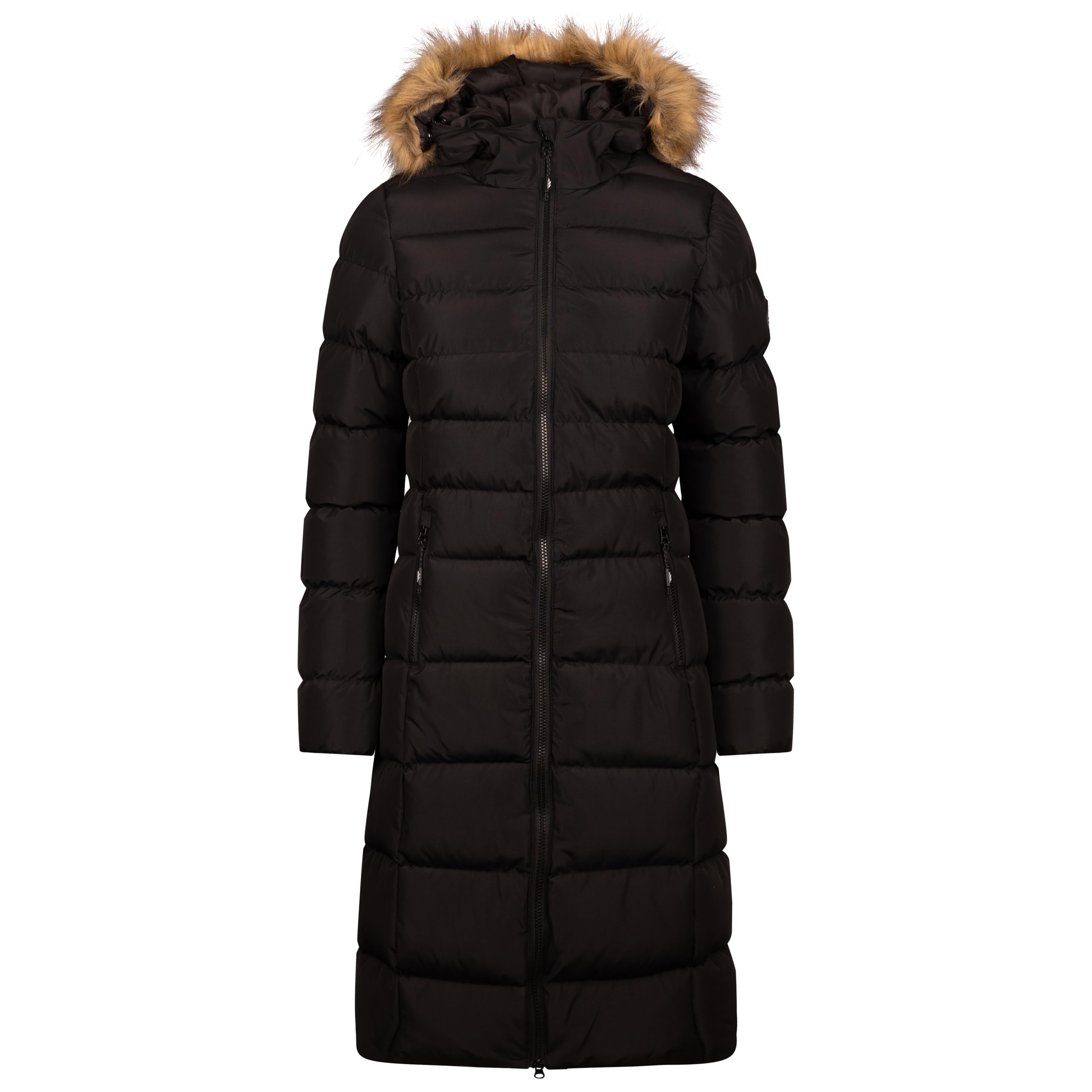 Trespass Women's Black Padded Jacket Audible - Waterproof, Faux Fur Trim, 2 Zip Pockets, Grown On Hood, Two Way Front Zipper, Longer Length, Badge Detail On Sleeve