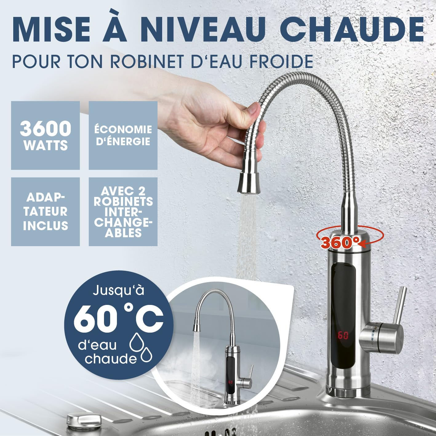 MAXXMEE Robinet électrique en acier inoxydable avec chauffe-eau intégré | Mitigeur avec serpentin chauffant et affichage LED de la température | 2 robinets interchangeables | plus de 60 °C d’eau