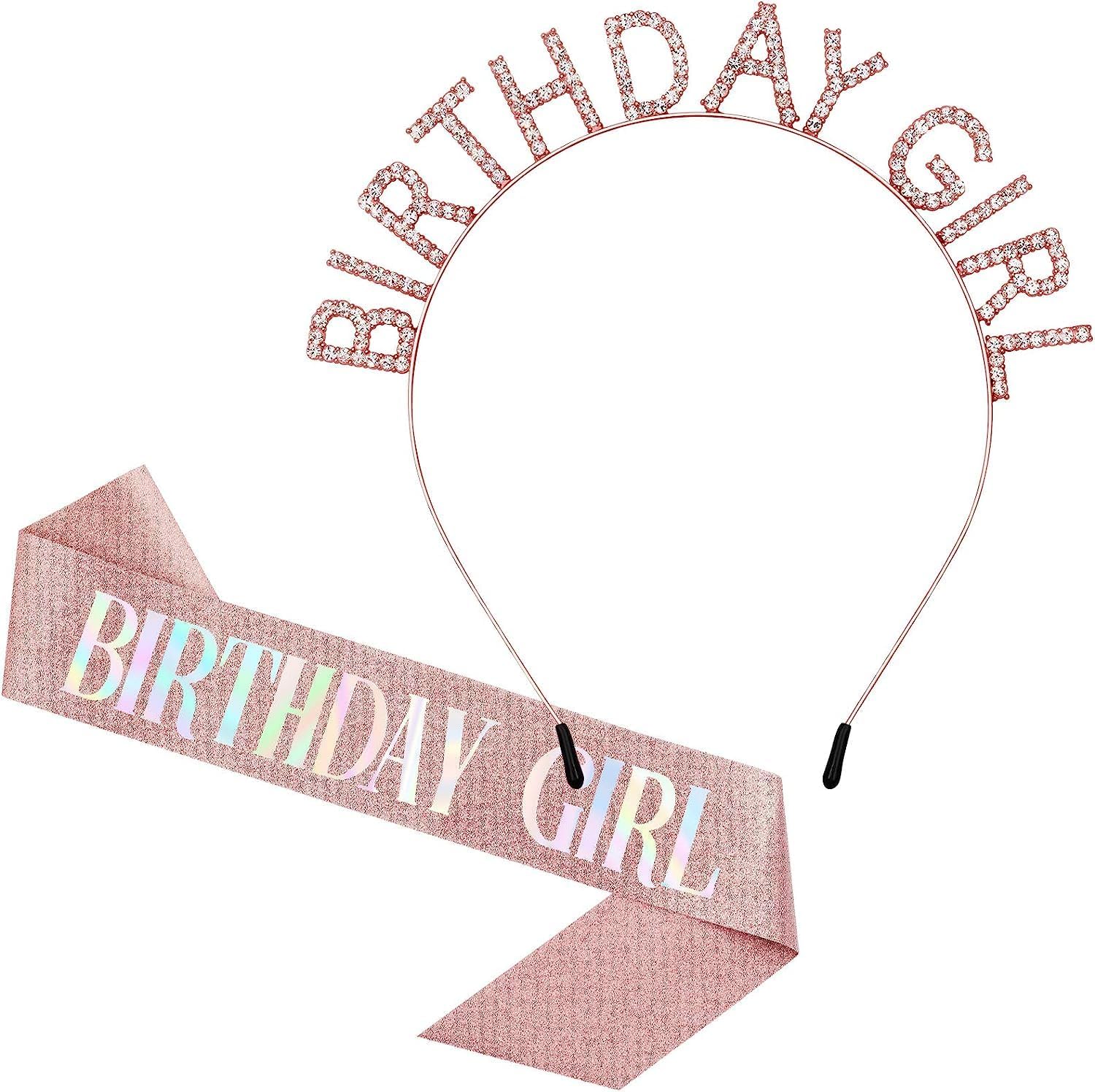 LUYAORose Gold Birthday Girl Tiara and Sash for Women Set,Diamond Glitter Birthday Sash Birthday Party Favors, Happy Birthday Accessories Gifts(Rose Gold Package)