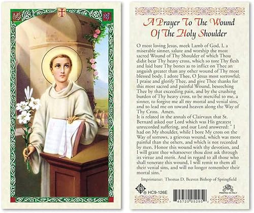 Oración a la herida del hombro sagrado San Bernardo - Tarjetas laminadas de oración - Paquete de 25 - Inglés