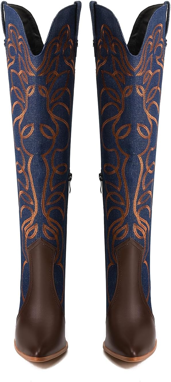 Women's Cowboy Boots Wide Calf Stiletto Knee High Fashion Pointed Toe Side Zipper High Heel Boots