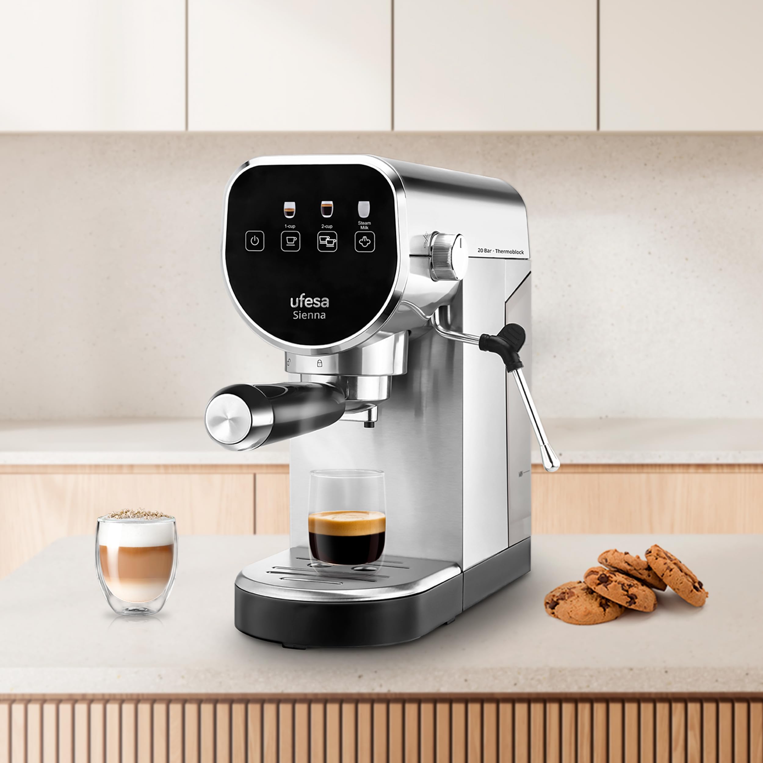 Ufesa Sienna Cafetera Espresso y Capuccino, Presión 20 Bares, Panel Táctil Digital, 1360W, Vaporizador Orientable, 0.9L, 1 o 2 Cafés, Función Calienta Tazas, Sistema Thermoblock, Inox