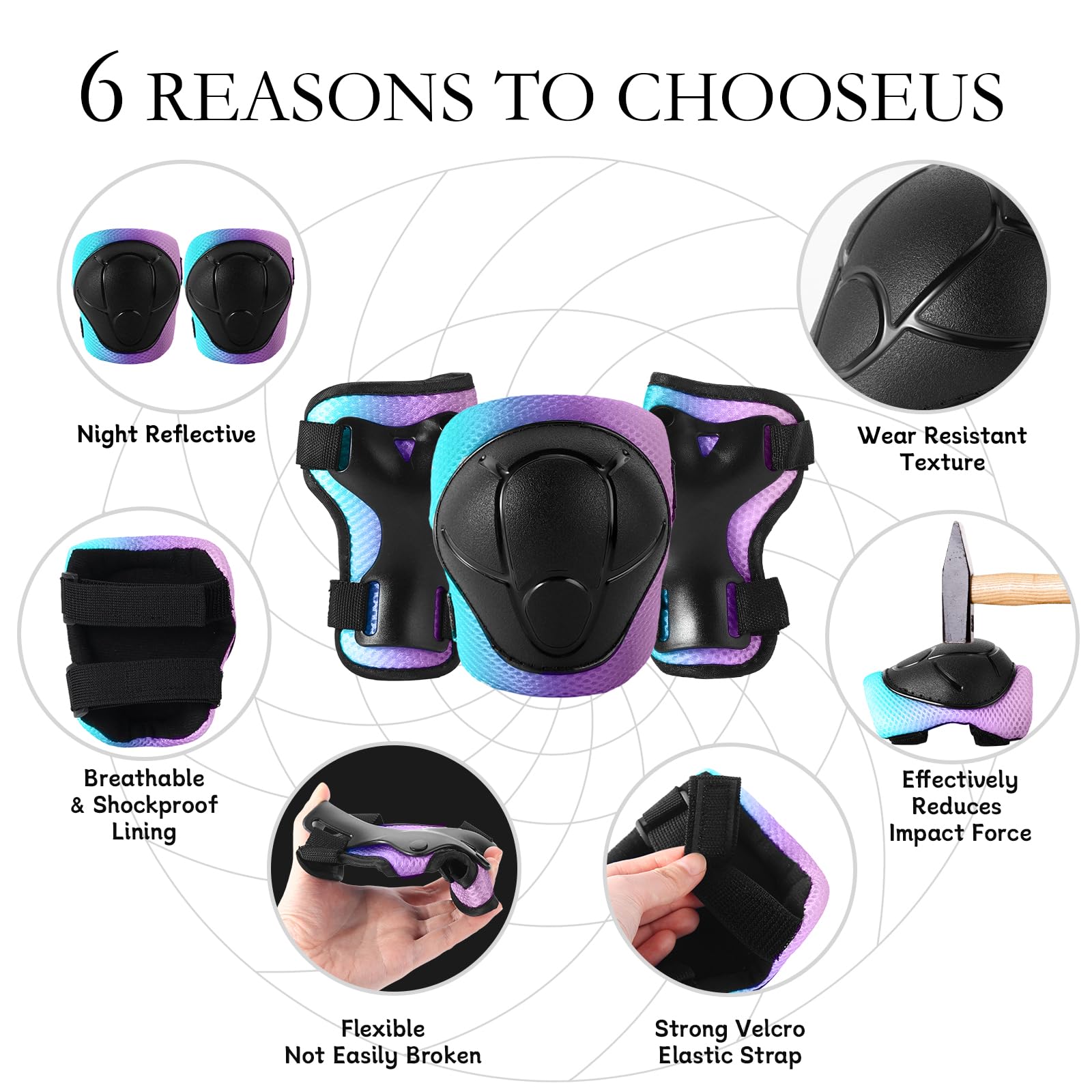 Juego de casco y almohadillas para patineta y bicicleta, equipo de seguridad ajustable para niños pequeños con degradado de color frío para niños y niñas de 3-5-8-14 años, para scooter, patinaje 3