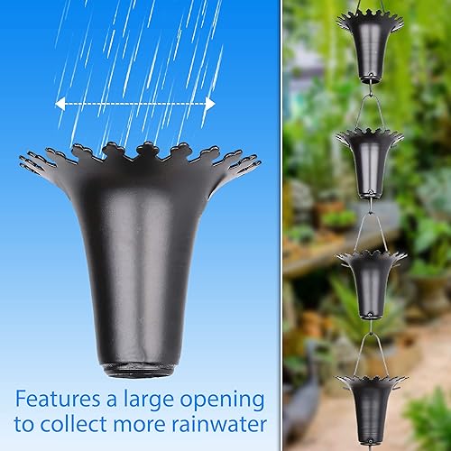 Miniatura 4 de RainChains Pacific - Cadena de lluvia de copa de flores de 8.5 pies - Aluminio con recubrimiento en polvo negro - Reemplazo funcional y decorativo