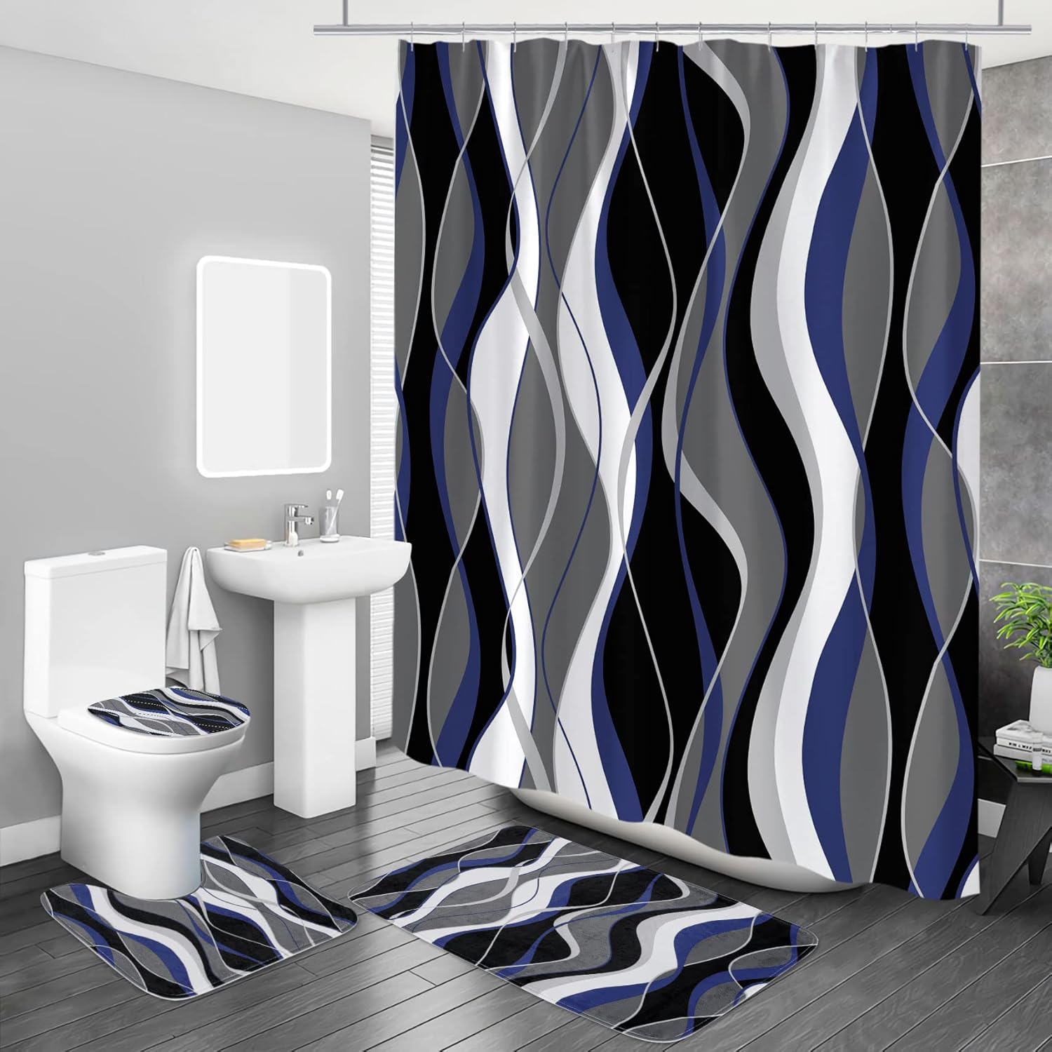 Amazon.com: MitoVilla 4 Pcs Modern Bathroom Sets with Shower Curtain and Rugs, Striped Shower ...