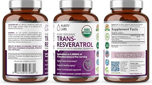Miniatura 5 de Purity Labs Suplemento Puro Orgánico de Trans Resveratrol con Quercetina, Suplementos Nutricionales Veganos Antioxidantes para el Corazón, Piel,