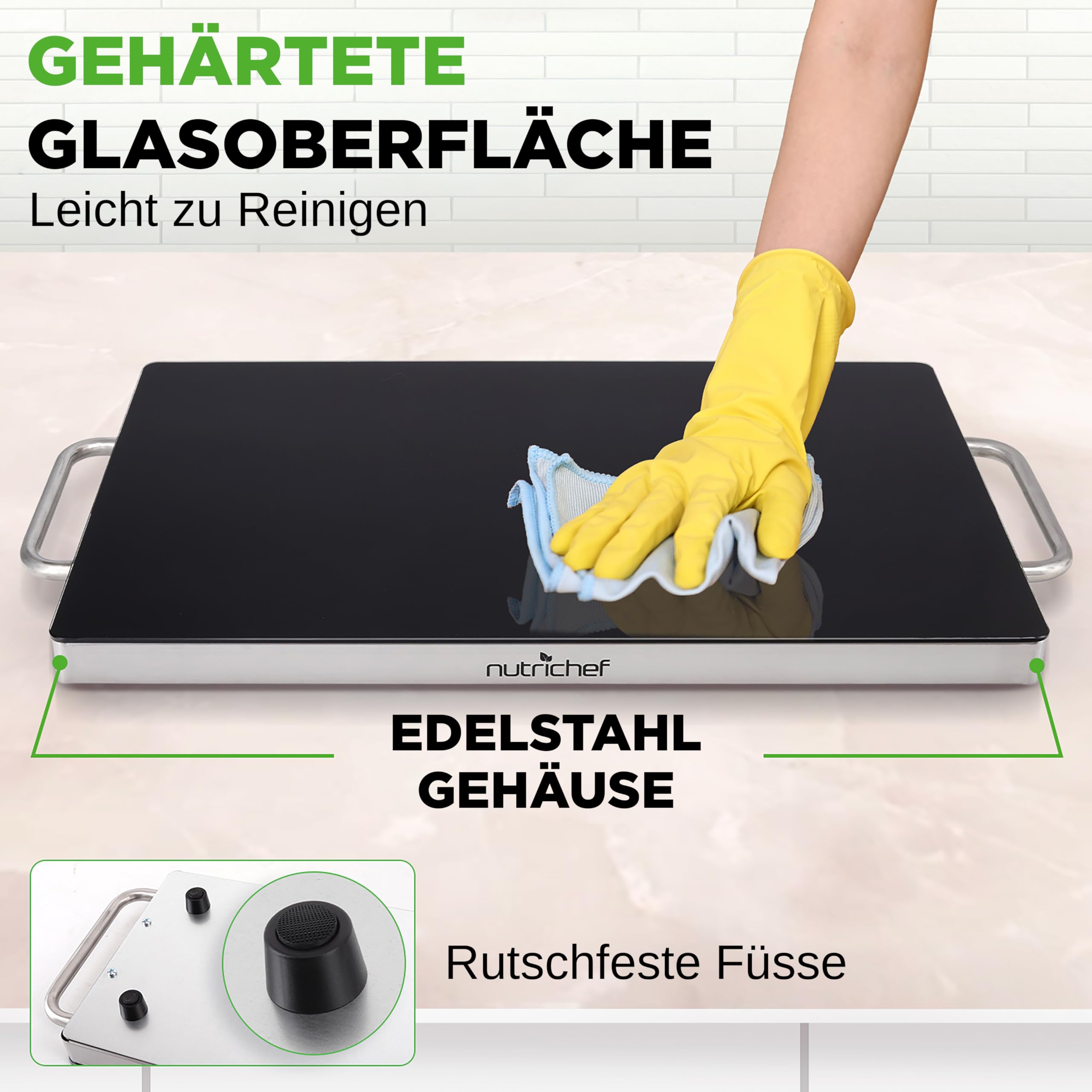 NutriChef Warmhalteplatte Elektrisch 50,8 x 30,5 cm Glas-Kochplatte Schwarz