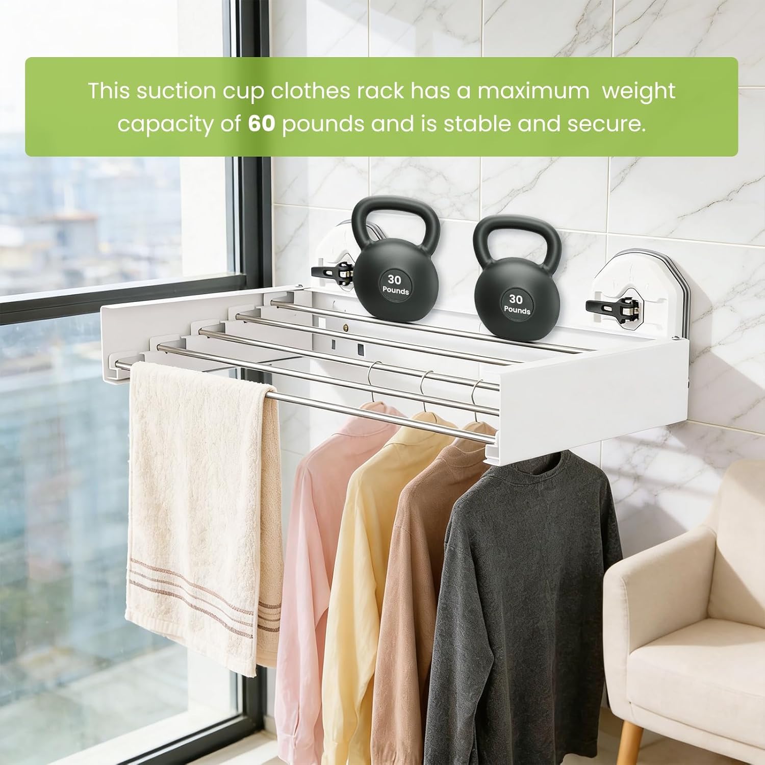 No Drill Wall Mounted Clothes Drying Rack, 25 Inches Retracble & Foldable Drying Rack with 5 Steel Panels & Suction Cup, Space Saving Drying Rack for Laundry, Apartment, RVs, Bathroom