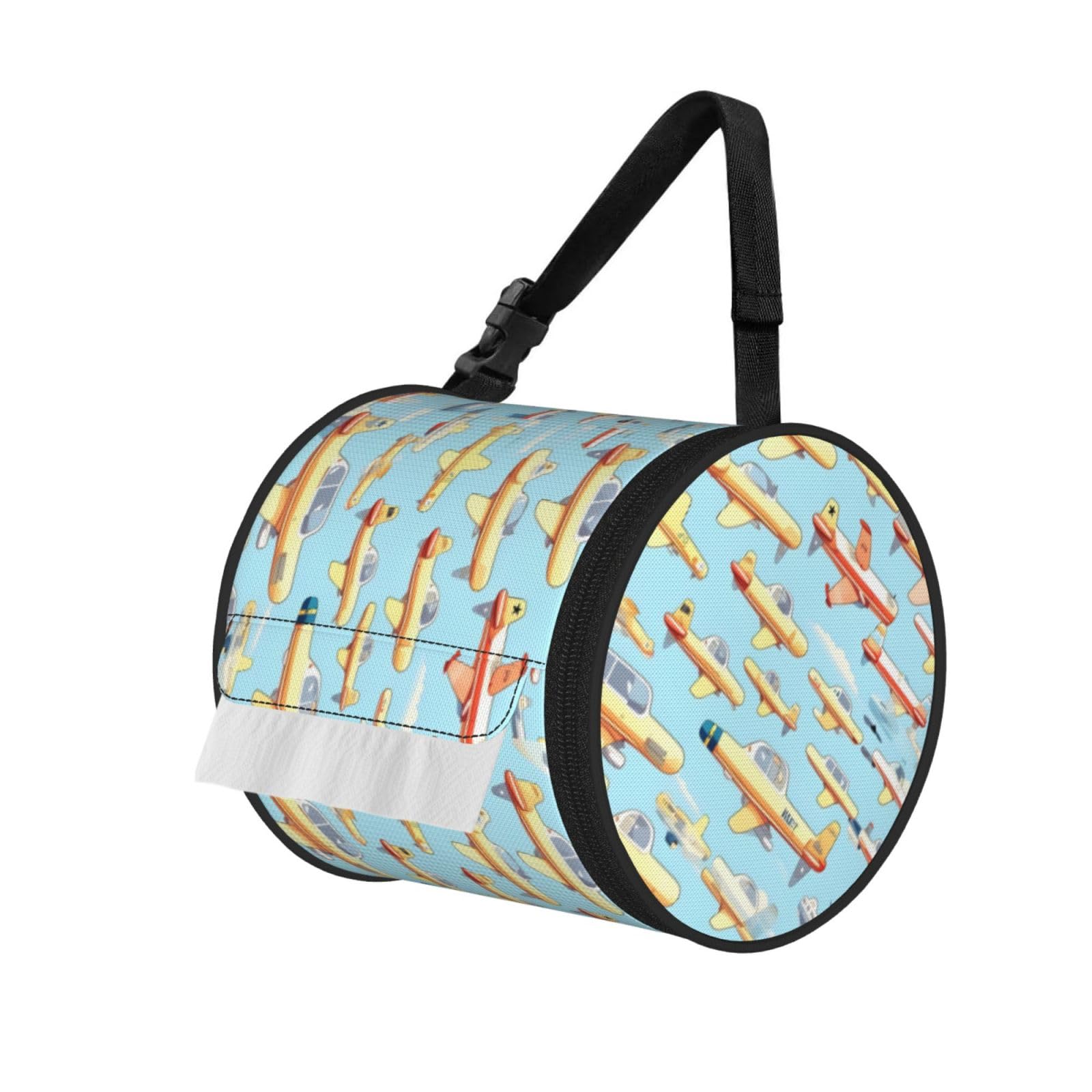 Jiuty Black Many Cartoon Small Airplanes Print Cylinder Tissue Organizer Bag With Strap, Portable Toilet Roll Holder For Camping Car