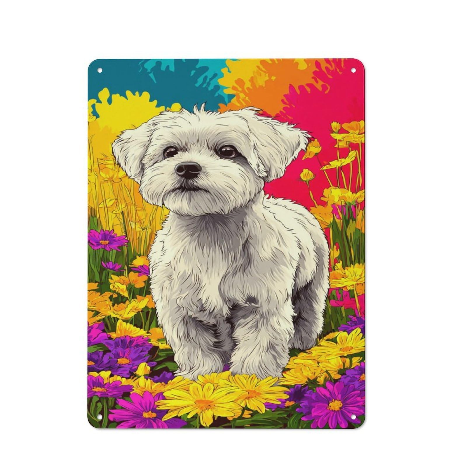 Decorative Tin Plaque with Floral Fantasy with White Pup Design 40x30cm, Classic Novelty Wall Art for Flat, Dorm Room, Lounge Or Cafe