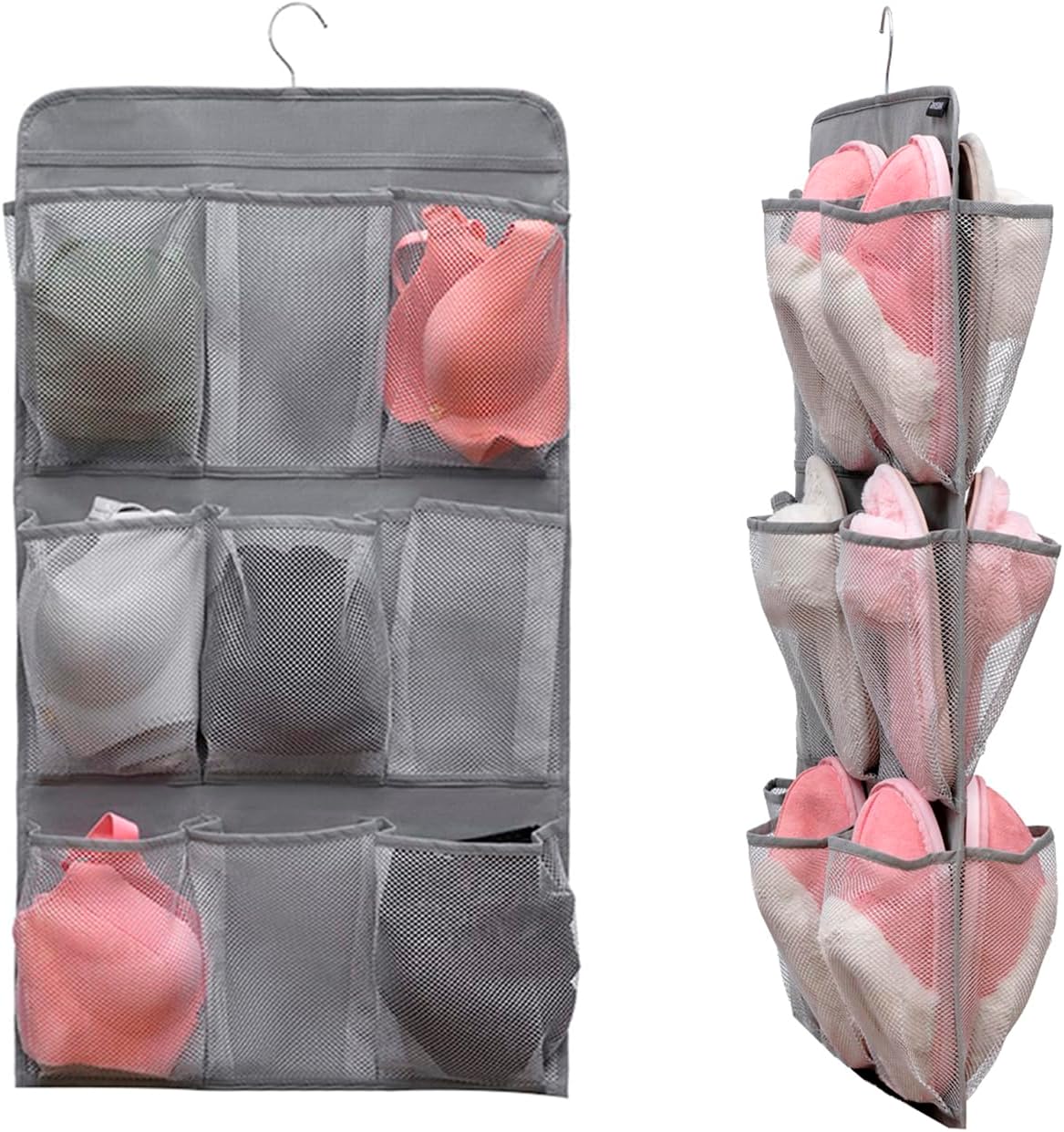 2 Pcs Closet Organizer Dual Sided Hanging Shoe Storage Bag Underwear Socks Holder with 18 Pockets (MESH POCKETS)