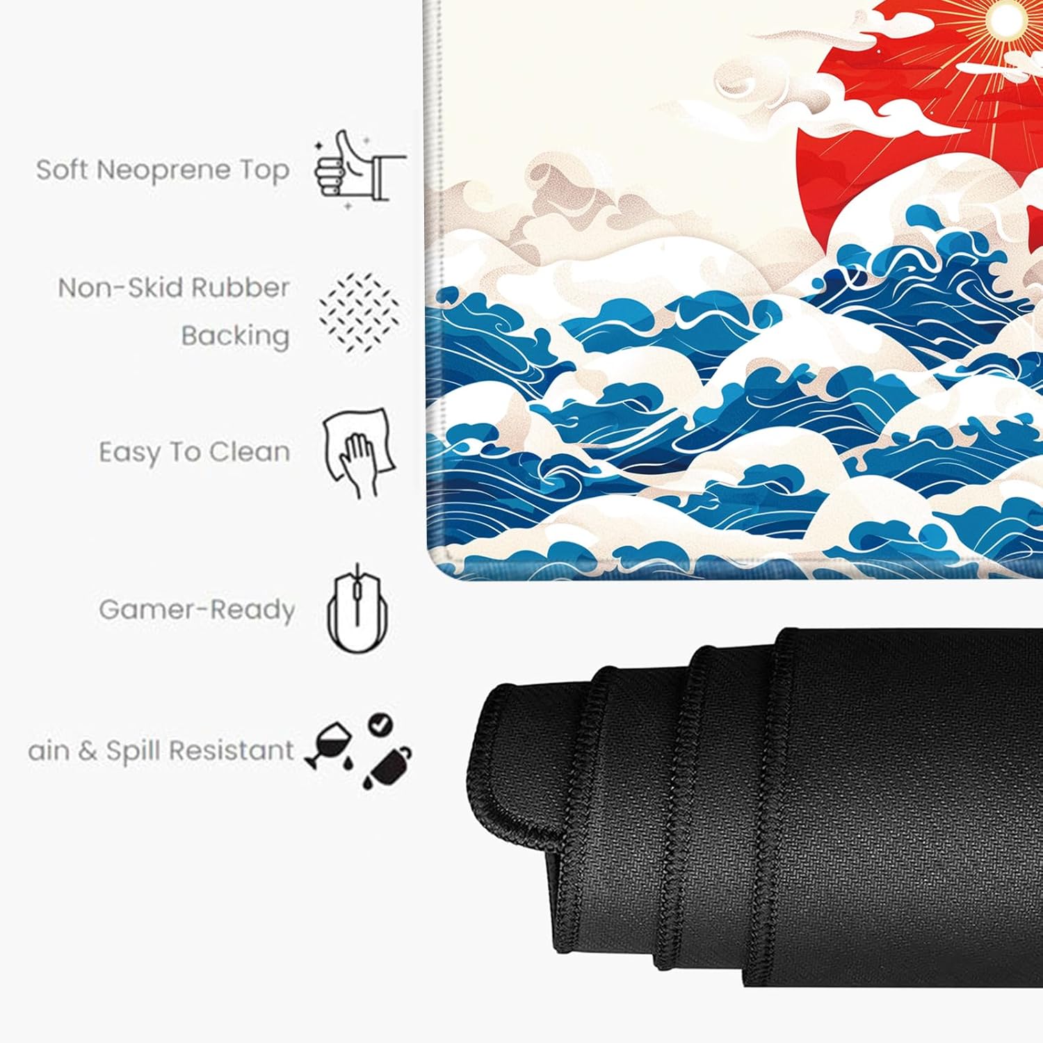 Gaming Mouse Pad 36x24 Desk Mat Large Desk Pad Huge Mousepad Japanese Sea Wave Long XXXL Mouse Mat Full Laptop Mat for Wireless Mouse Non Slip Work Computer