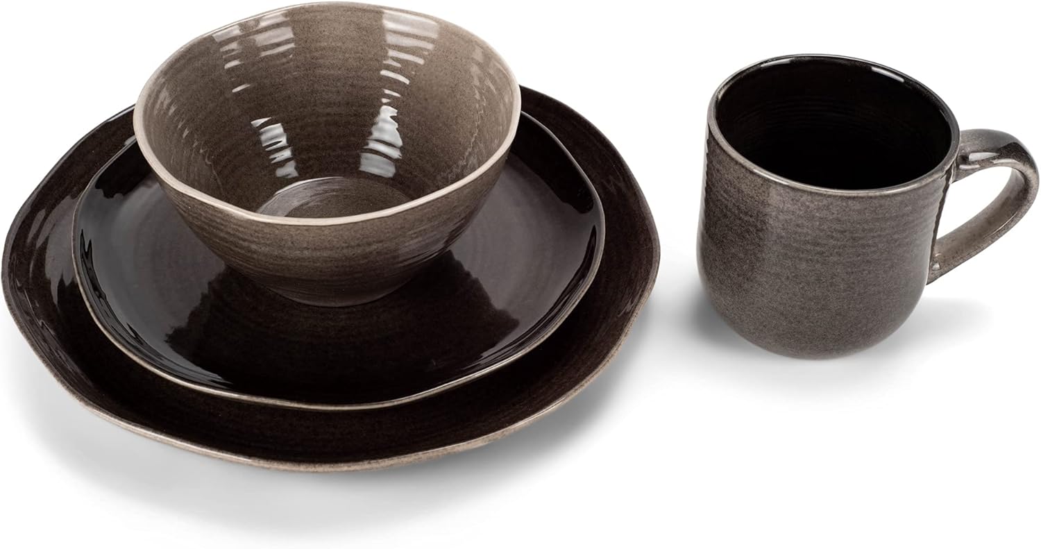 Elanze Designs Reactive Glaze Farmhouse Rustic Boho Ceramic Stoneware Dinnerware 16 Piece Plate Bowl Mug Dish Set - Service for 4, Mocha Grey Ombre