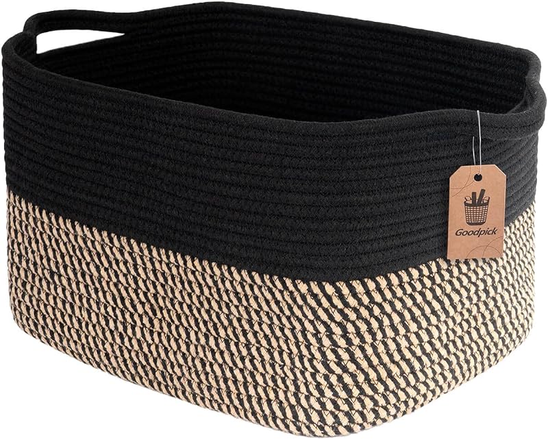Goodpick Cesta de almacenamiento tejida para estantes, 13.0 x 10.0 x 9.0 in, yute negro, elegante cesta de regalo para oficina y hogar, cestas de mimbre para almacenamiento de libros, juguetes y toallas, organización de armario de guardería y dormitorio