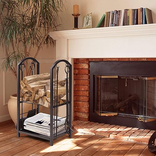 Miniatura 4 de Tangkula Estante para leña con 4 herramientas para chimenea, soporte para leña con herramientas de montaje para chimenea, incluye cepillo, pala,