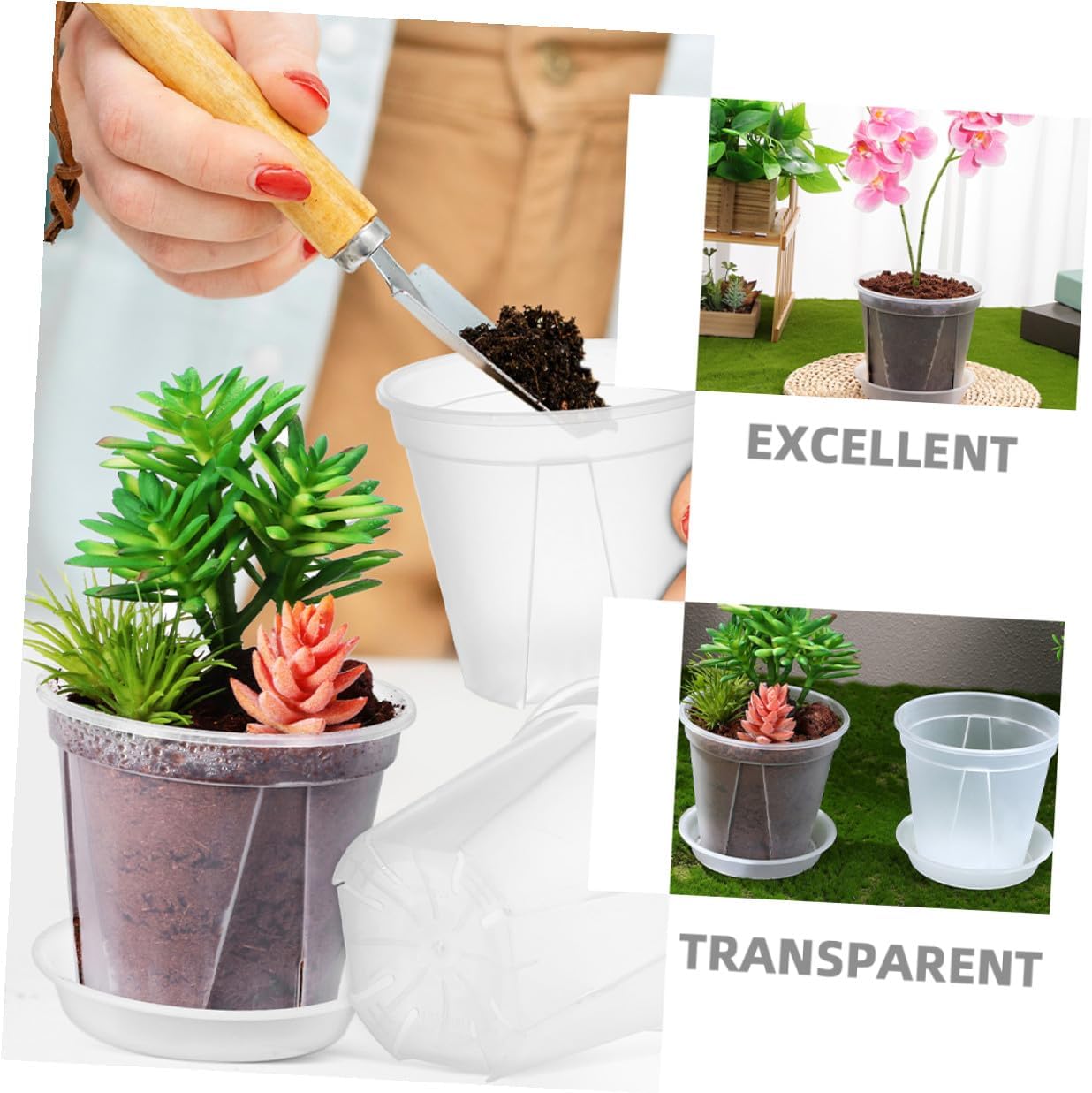 24pcs Plastic Orchid Planter Pots with Drainage Holes and Trays, Two Sizes (12x11x10.4cm 14.8x14x13cm), Indoor and Outdoor Nursery Pots for Succulent and Flower Seedlings