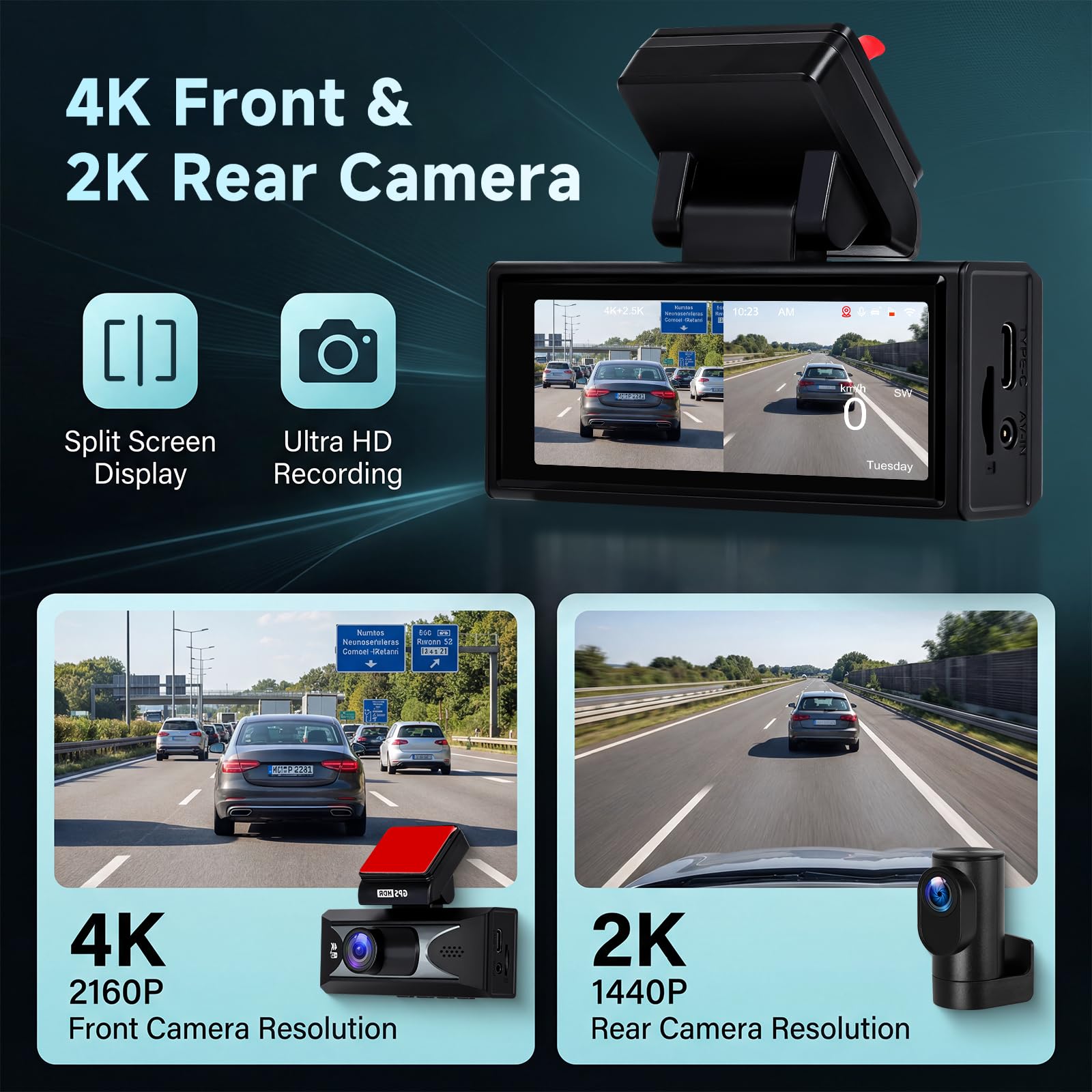 Hodozzy 4K Dashcam Cámara Frontal y Cámara Trasera 2,5K, Pantalla 3,16 Pulgadas, Cámara para Salpicadero de Coche, 5,8GHz WiFi App, ADAS BSD LCA, Sensor G Grabación en Bucle, Monitor en Aparcamiento