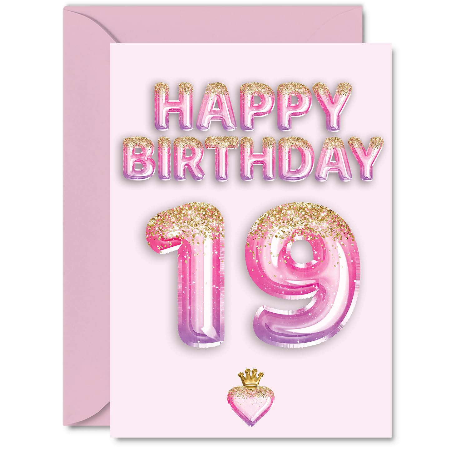 19th Birthday Cards for Women and Men, Pink & Purple Glitter Balloons