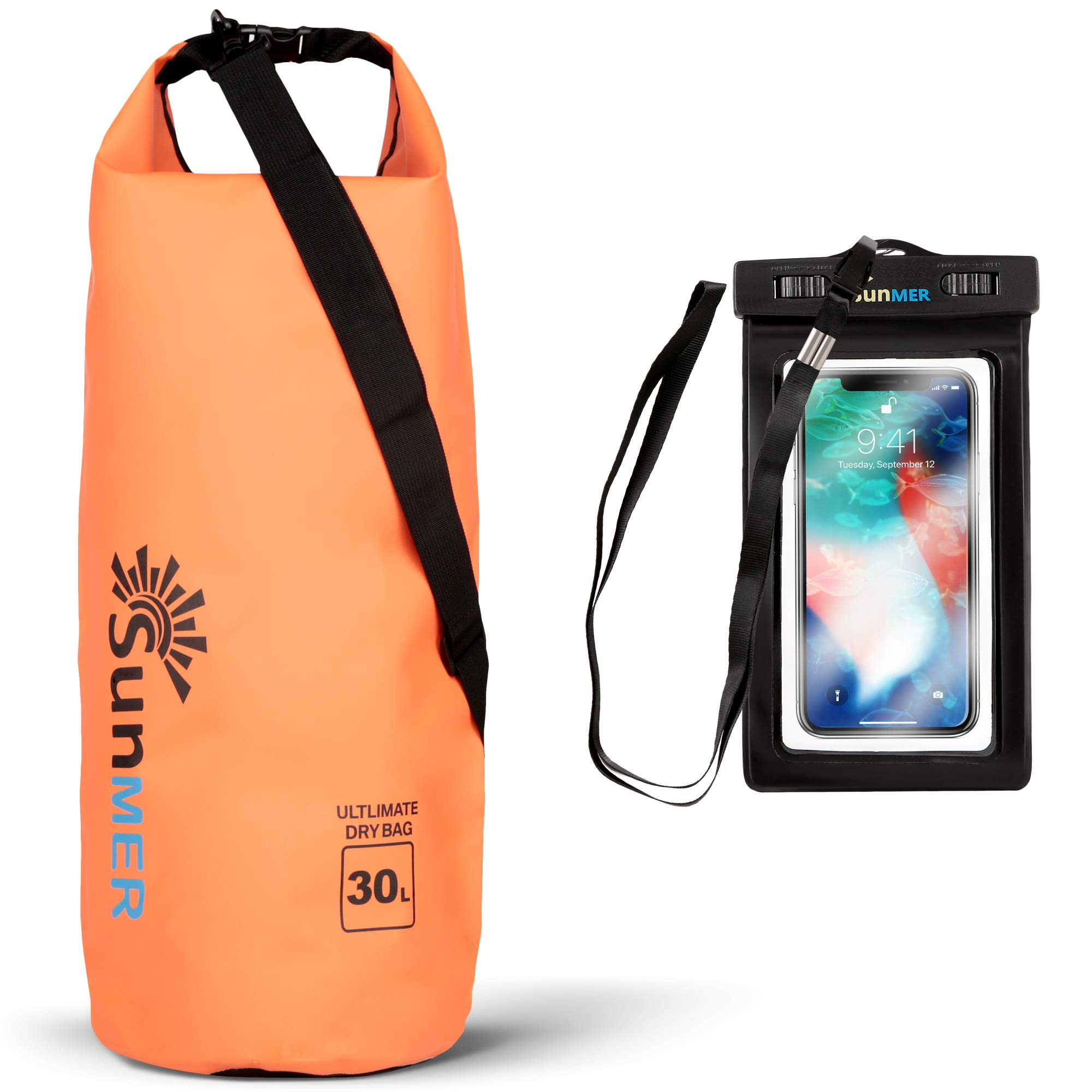 SUNMER 30L Orange Waterproof Dry Bag with Waterproof Phone Case – IPX8 Rating Great for Hiking, Fishing, Rafting, Kayaking, Swimming — image 1