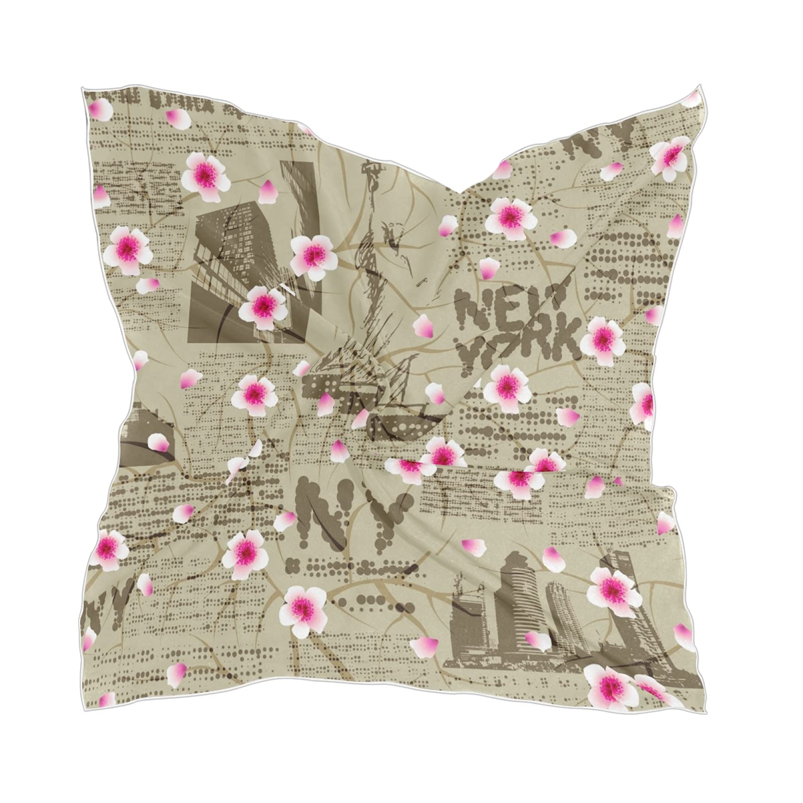 Linomo Women's Multicoloured Chiffon Silk Scarf New York Cherry Blossom Square Shawl Wrap Silk Like Scarf