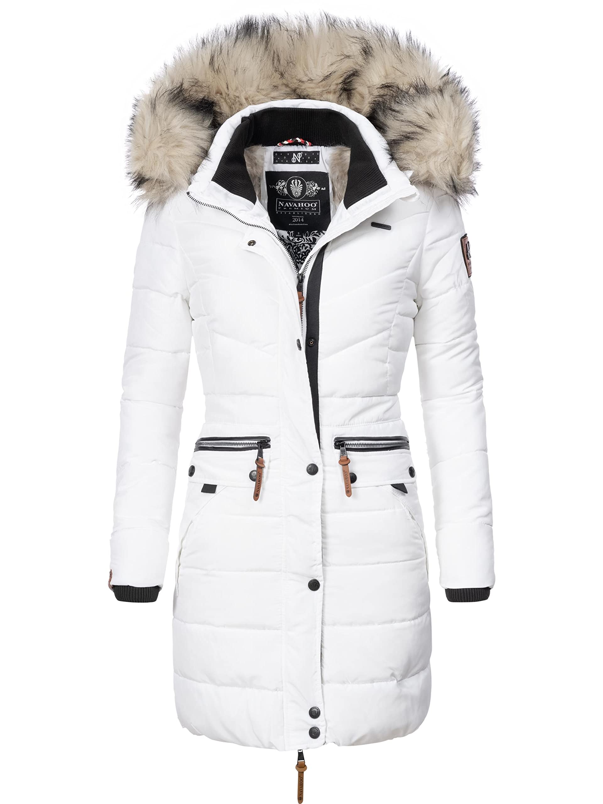 Navahoo Women's White Paula Long ’ Winter Puffer Coat With Faux Fur M