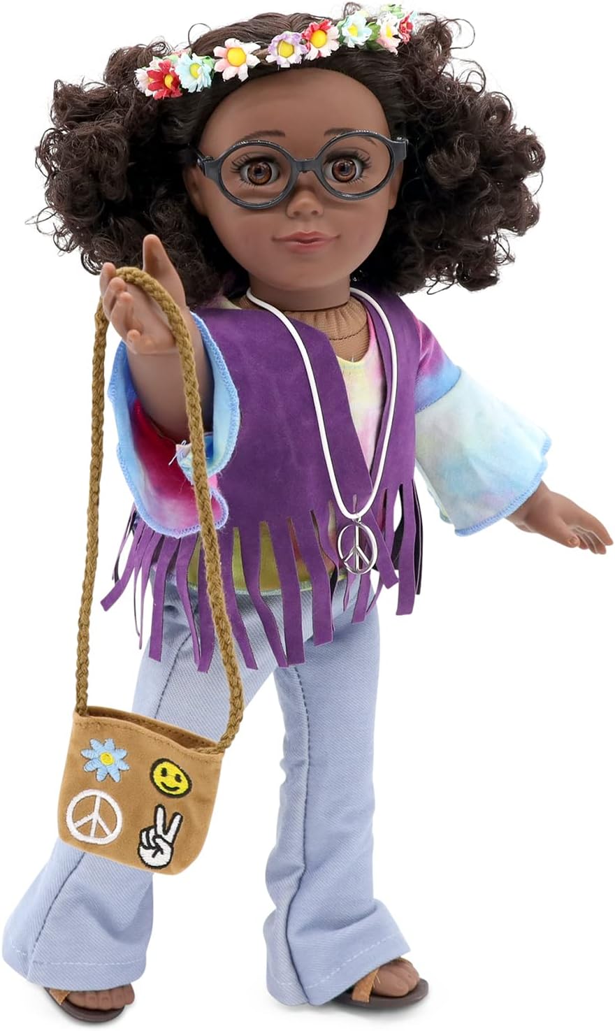 Playtime by Eimmie 18 Inch Doll Clothes and Accessories - Retro Flower Outfit with Tie-Dye Shirt, Fringe Vest, Jeans, Sandals & Flower Crowns - Fits American, Generation & Similar 18” Dolls for Girls