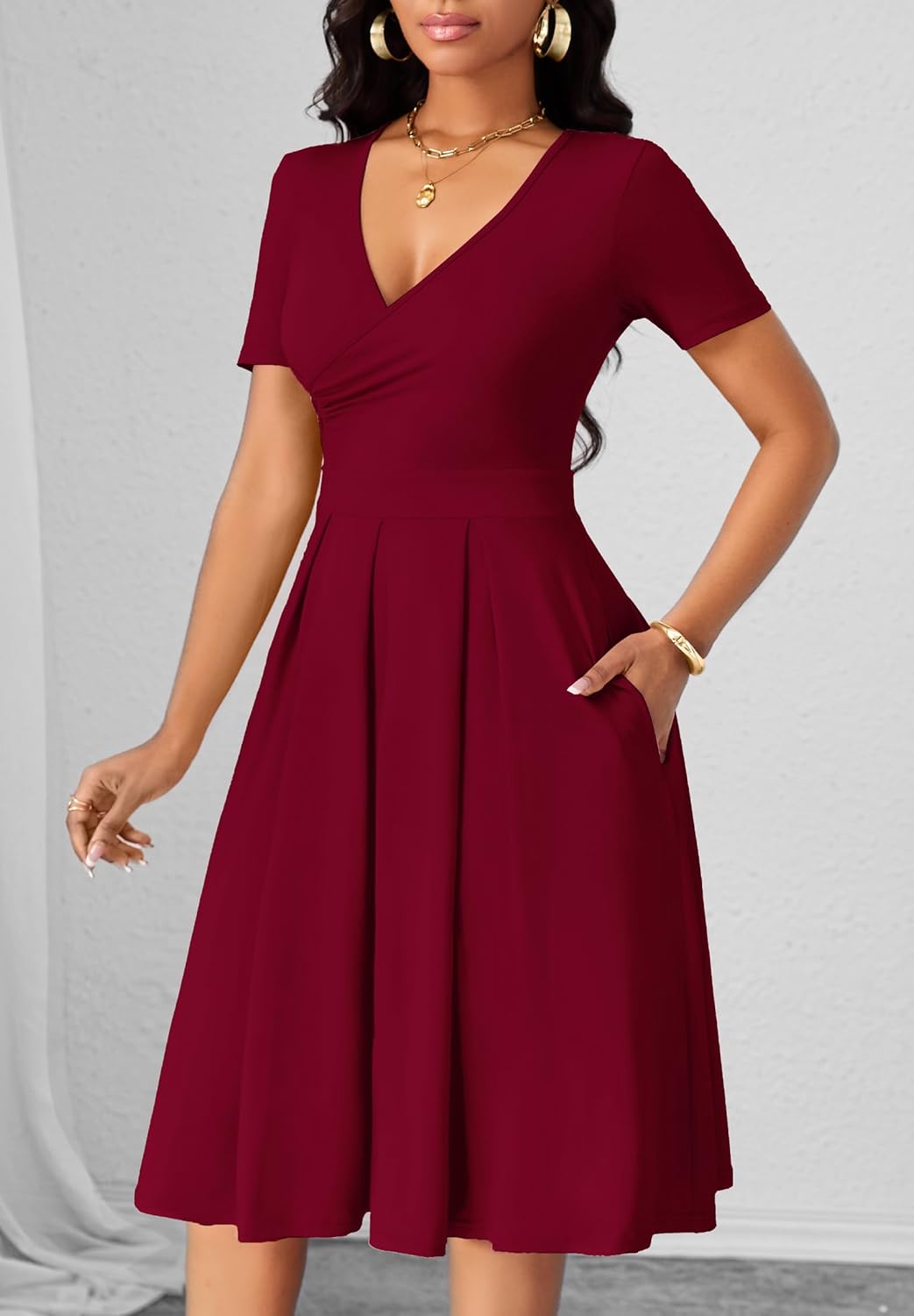 Women's Casual Wrap Dress Wedding Guest Dresses with Pockets Short Sleeve A-Line Swing V-Neck Pleated Dresses - Image 2