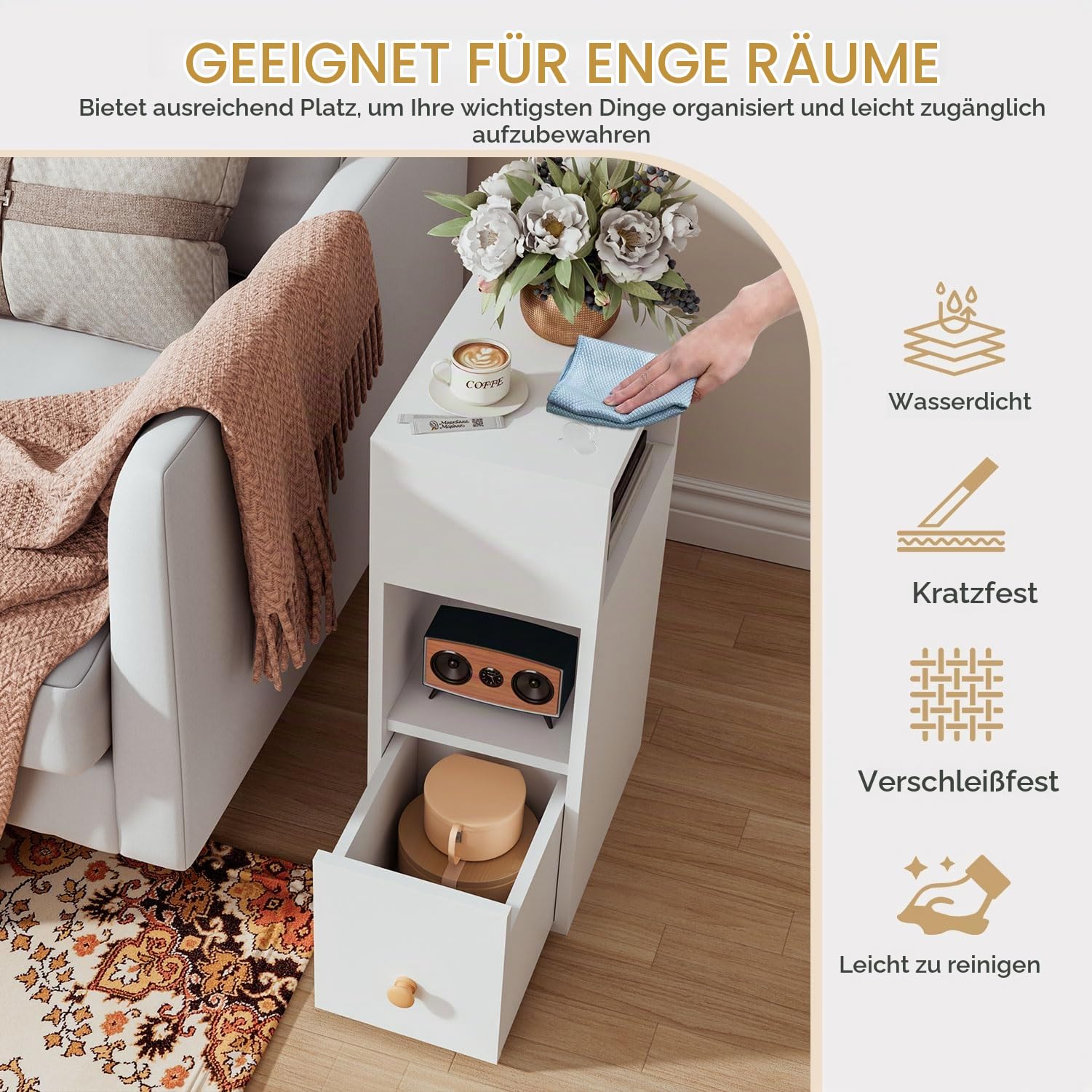 IBUYKE Nachttisch 2er Set, Schmal Beistelltisch,weiß WNS006W-2 | Kleiner Nachtschrank mit Schublade und 2 offene Fächer,Platzsparend,Bedside Table für Schlafzimmer,Wohnzimmer,Arbeitszimmer