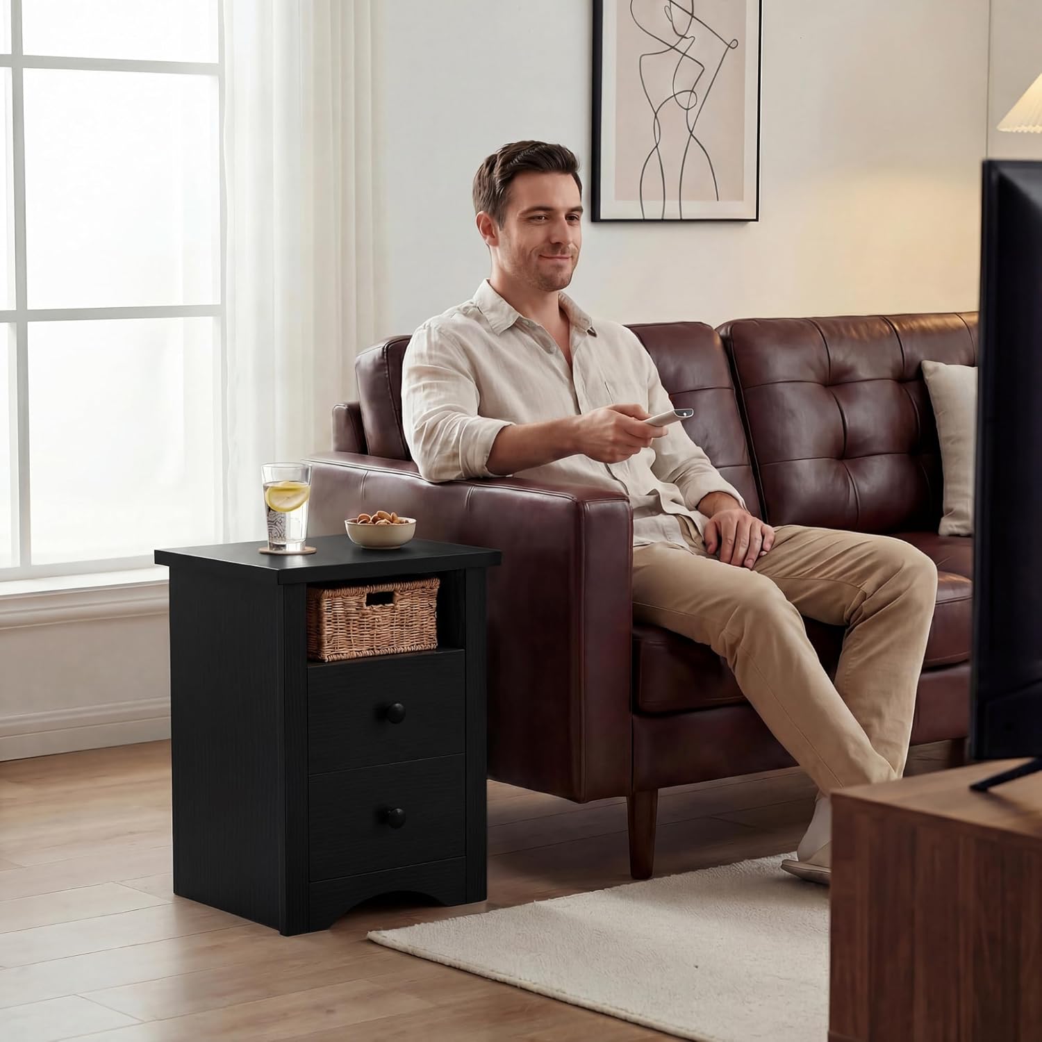 YESHOMY Nightstand Set of 2, Farmhouse Night Stand with 2 Storage Drawers and Open Shelf, Bedside Tables for Bedroom Small Space, Black