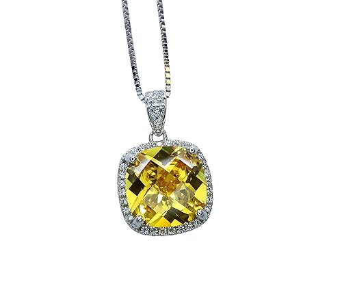 Large Square Created Yellow Diamond Necklace -Cushion 5 CT Yellow Moissanite Diamond Pendant Sterling Silver 18"+2