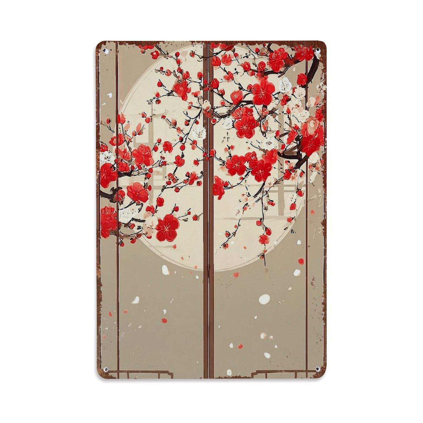 Red Plum Blossom Branches Retro Metal Tin Sign, Vintage Decor Art Poster for Bar, Home, Man Cave, Kitchen, Laundry Room Gift 8x12Inch