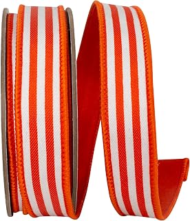 Ribbon - Striped Twill Deluxe Dupioni Backed Wired Edge, Orange, 1 Inch, 10 Yards