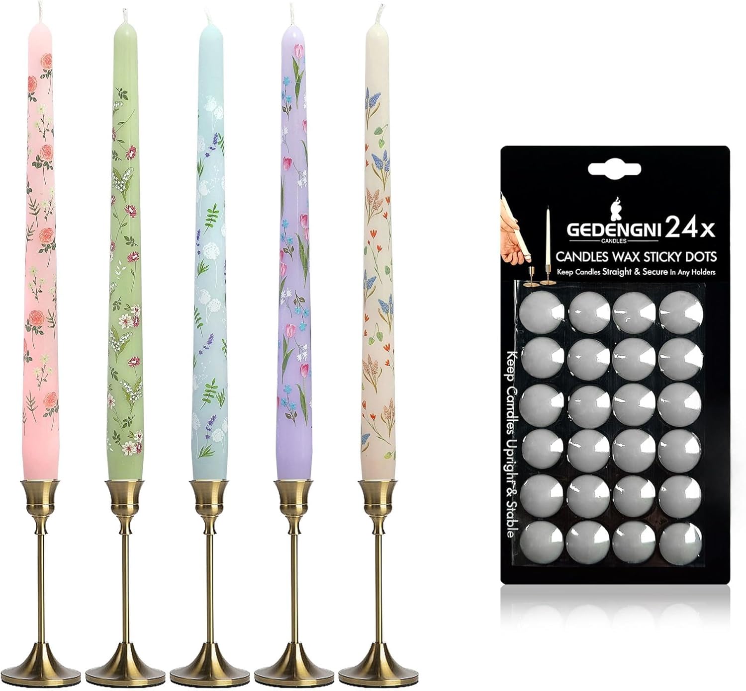 Floral Candle Sticks Printed Candlestick with 24pcs Taper Candle Wax Dots -Spiral Taper Candle Long Twisted Candlesticks 10inches Blue Flower Tapered Candles for Home Dinner Wedding Holiday