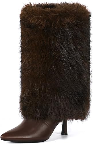 QLR 3.3-inch Kitten Heel Mid Calf Fur Boots Furry Fuzzy Fluffy Pointed Toe Boots