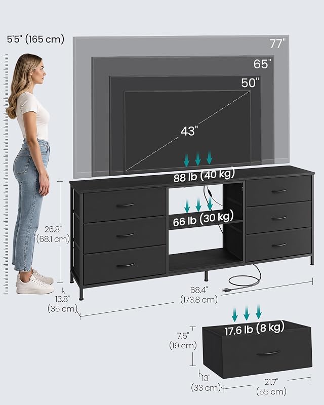 SONGMICS TV Stand for TVs Up to 70 Inches, 6 Fabric Drawers, 2 Shelves image 6
