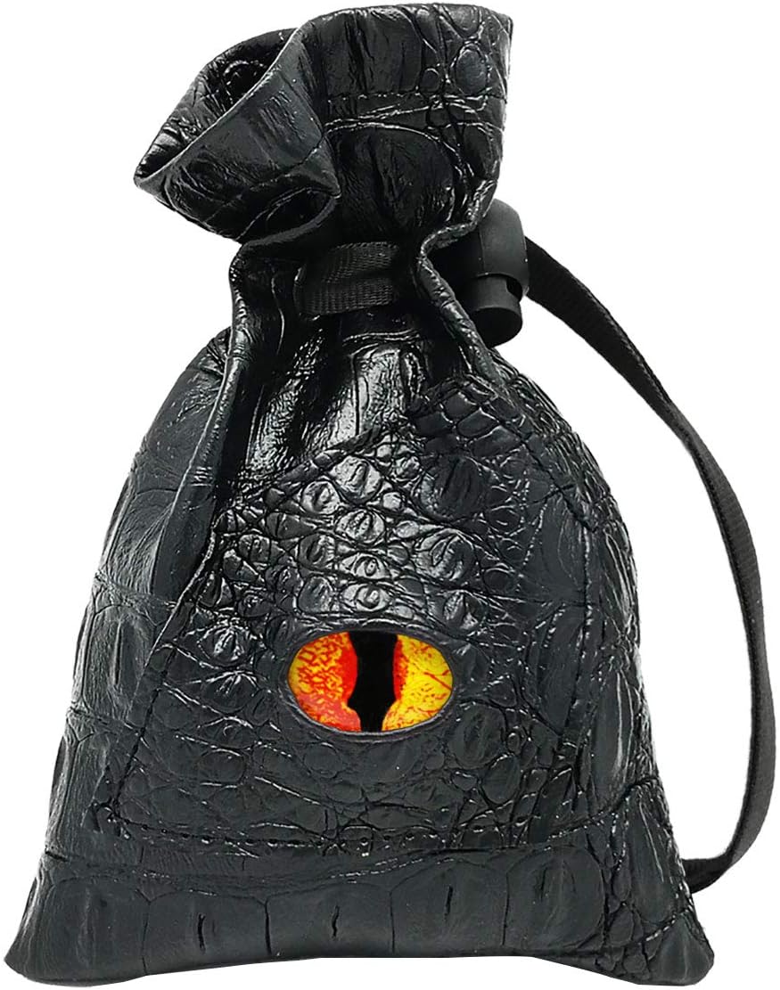Haxtec Dragon Eye Dice Bag Drawstring Leather Dice Bag for DND Dungeons and Dragons TTRPG Fire-Red Yellow Eye